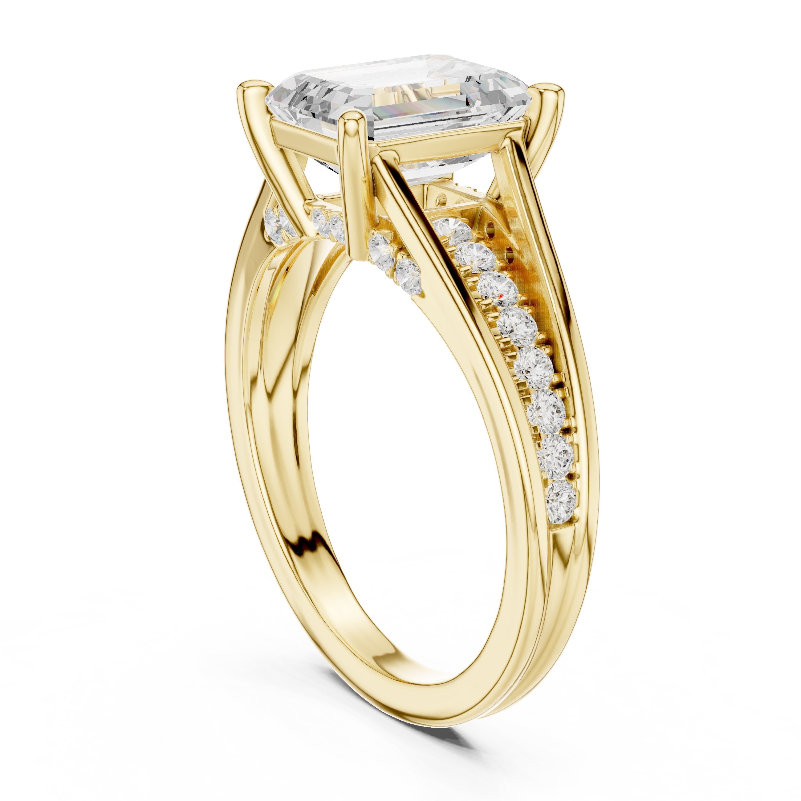 Emerald Cut Engagement Ring with Split Shank Pavé Band in Yellow Gold - VYKA Diamonds