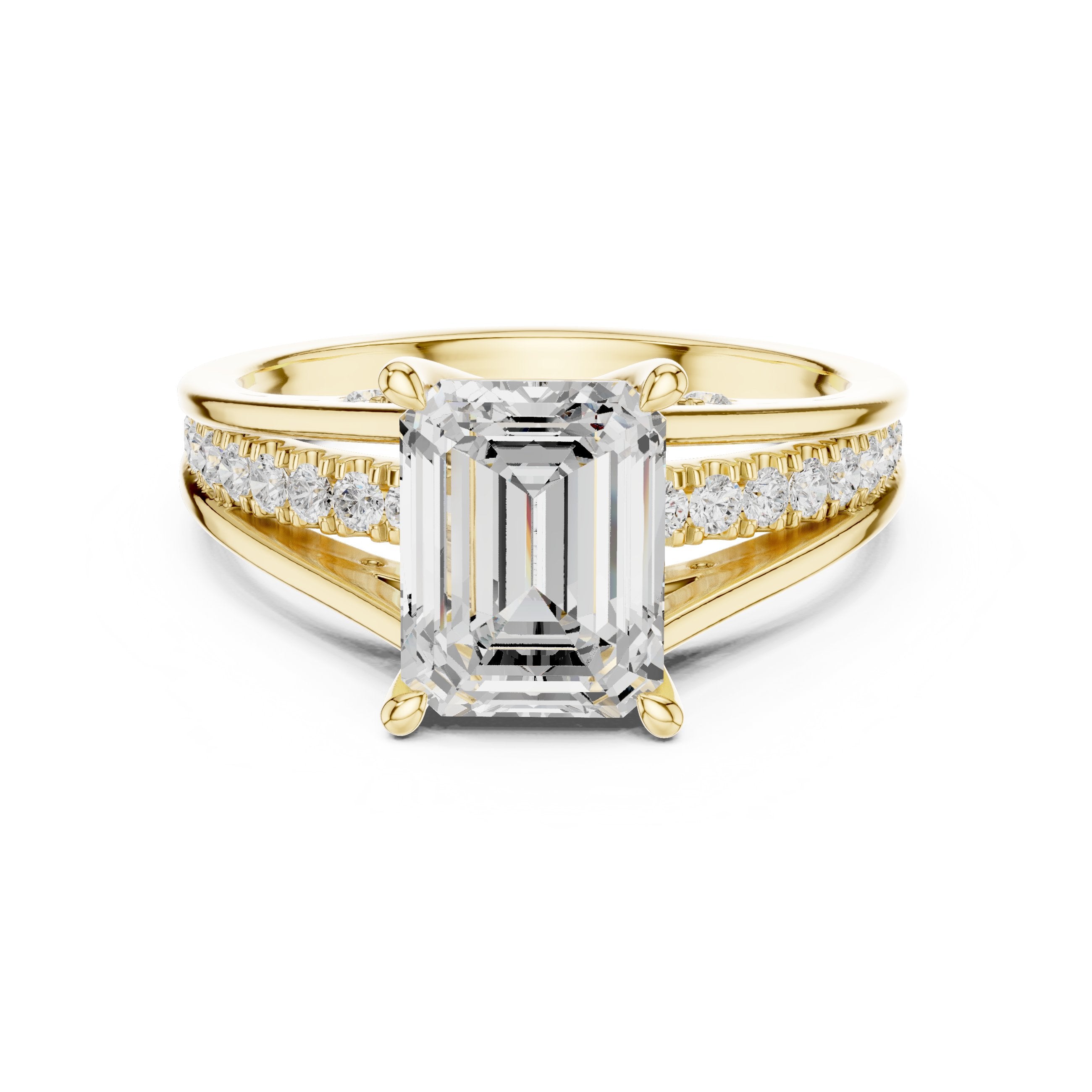 Emerald Cut Engagement Ring with Split Shank Pavé Band in Yellow Gold - VYKA Diamonds