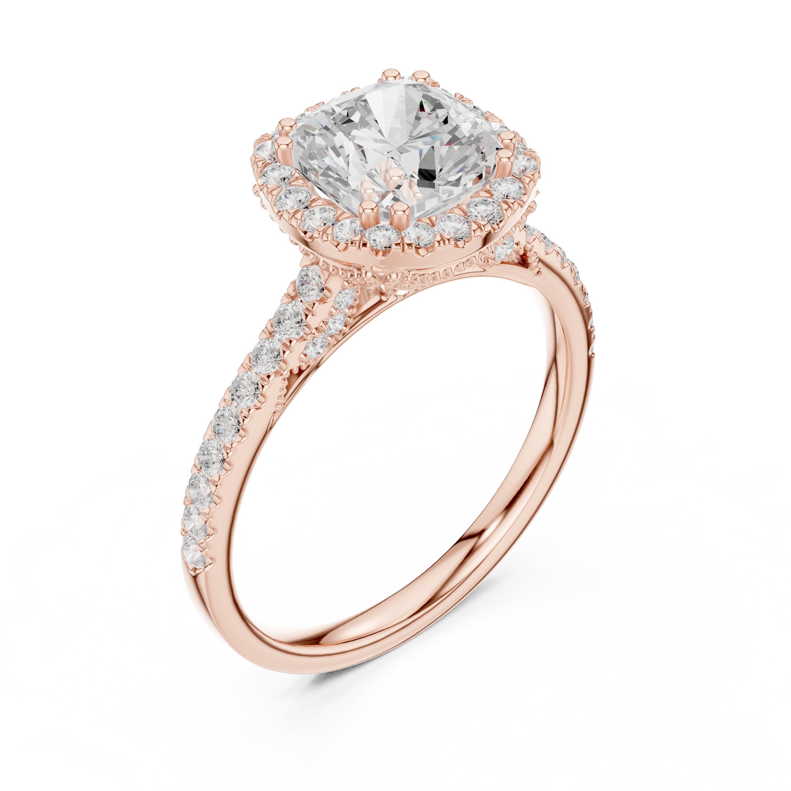 Cushion Cut Halo Engagement Ring with Pavé Band in Rose Gold - VYKA Diamonds
