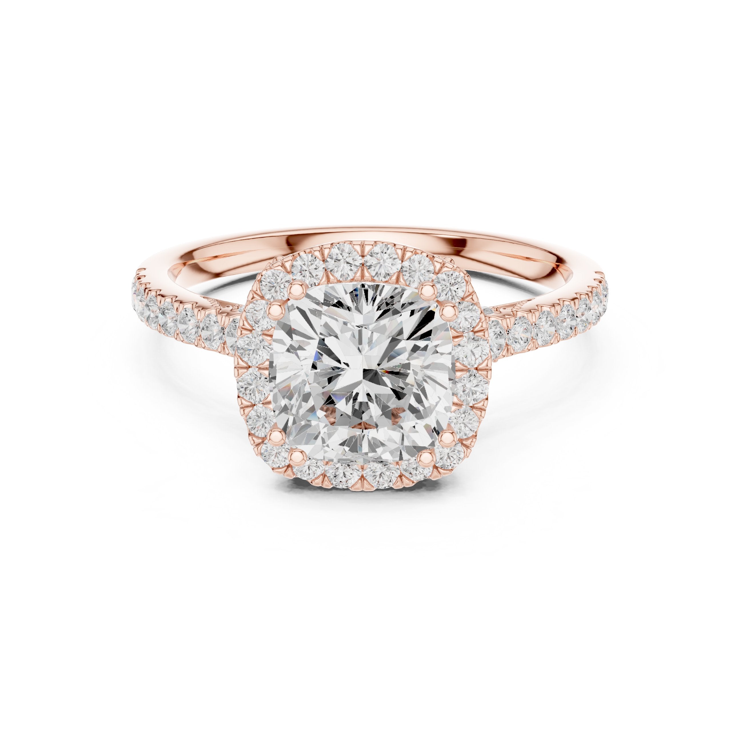 Cushion Cut Halo Engagement Ring with Pavé Band in Rose Gold - VYKA Diamonds