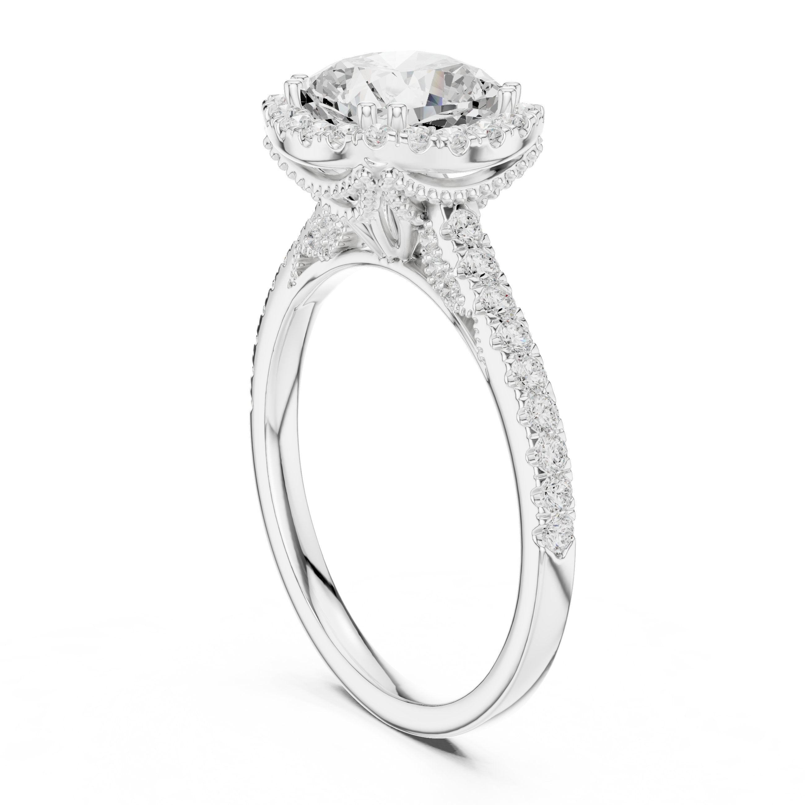 Cushion Cut Halo Engagement Ring with Pavé Band in White Gold - VYKA Diamonds