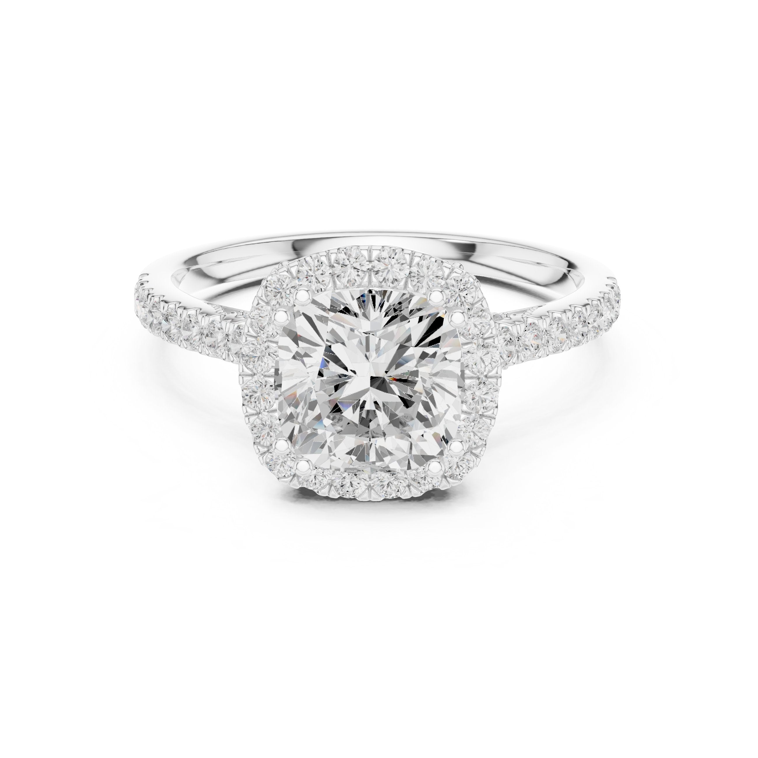 Cushion Cut Halo Engagement Ring with Pavé Band in White Gold - VYKA Diamonds