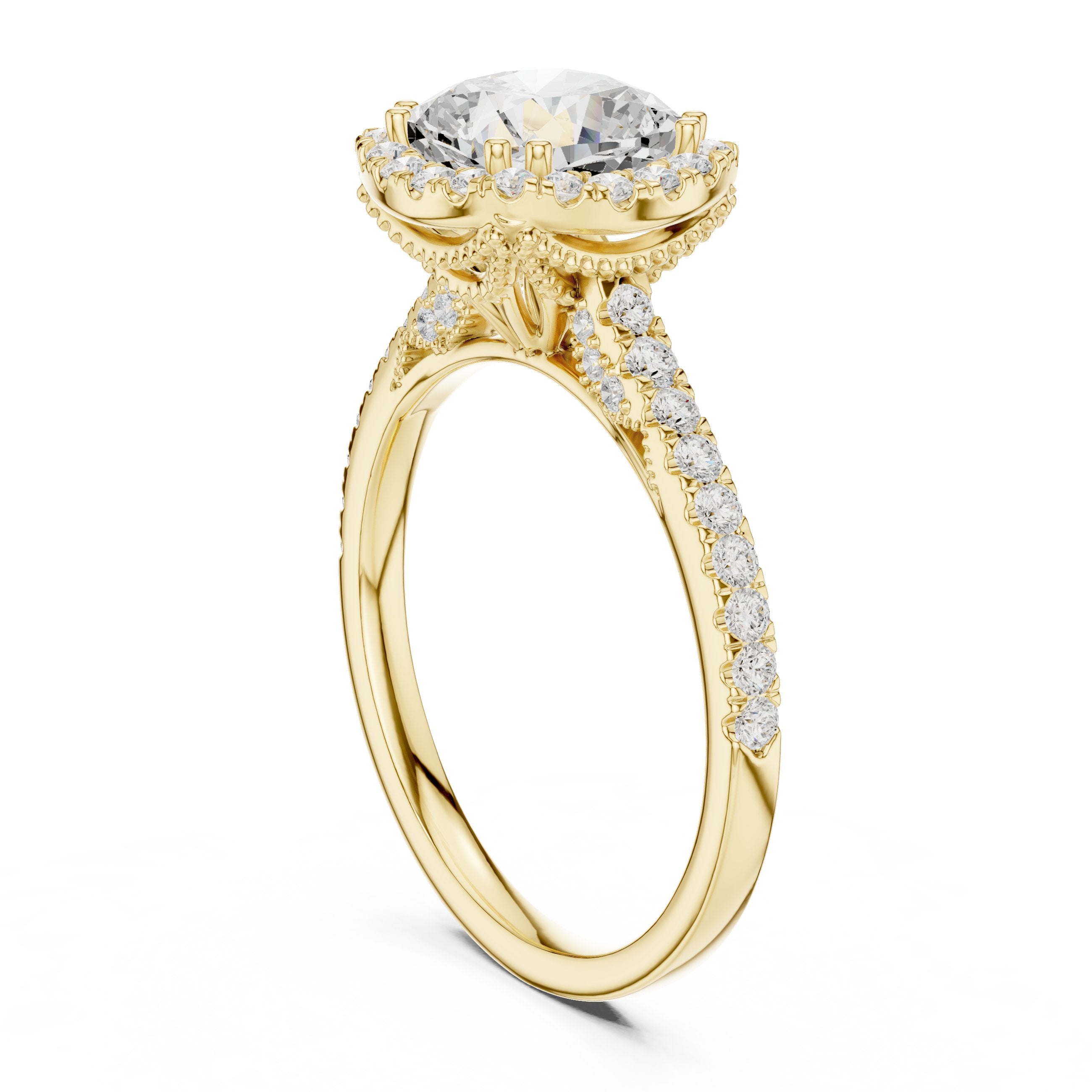Cushion Cut Halo Engagement Ring with Pavé Band in Yellow Gold - VYKA Diamonds