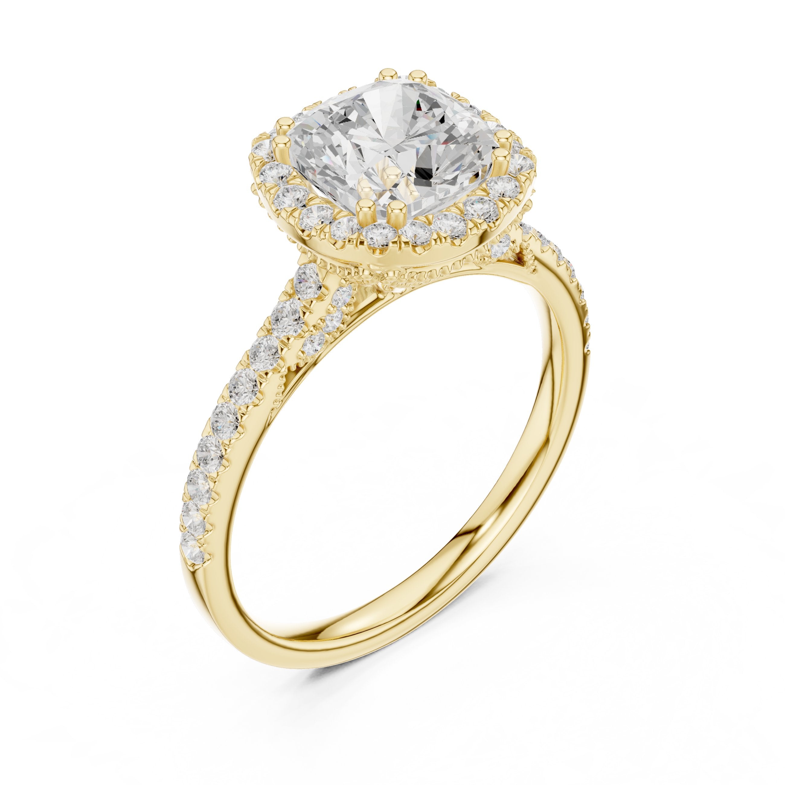 Cushion Cut Halo Engagement Ring with Pavé Band in Yellow Gold - VYKA Diamonds