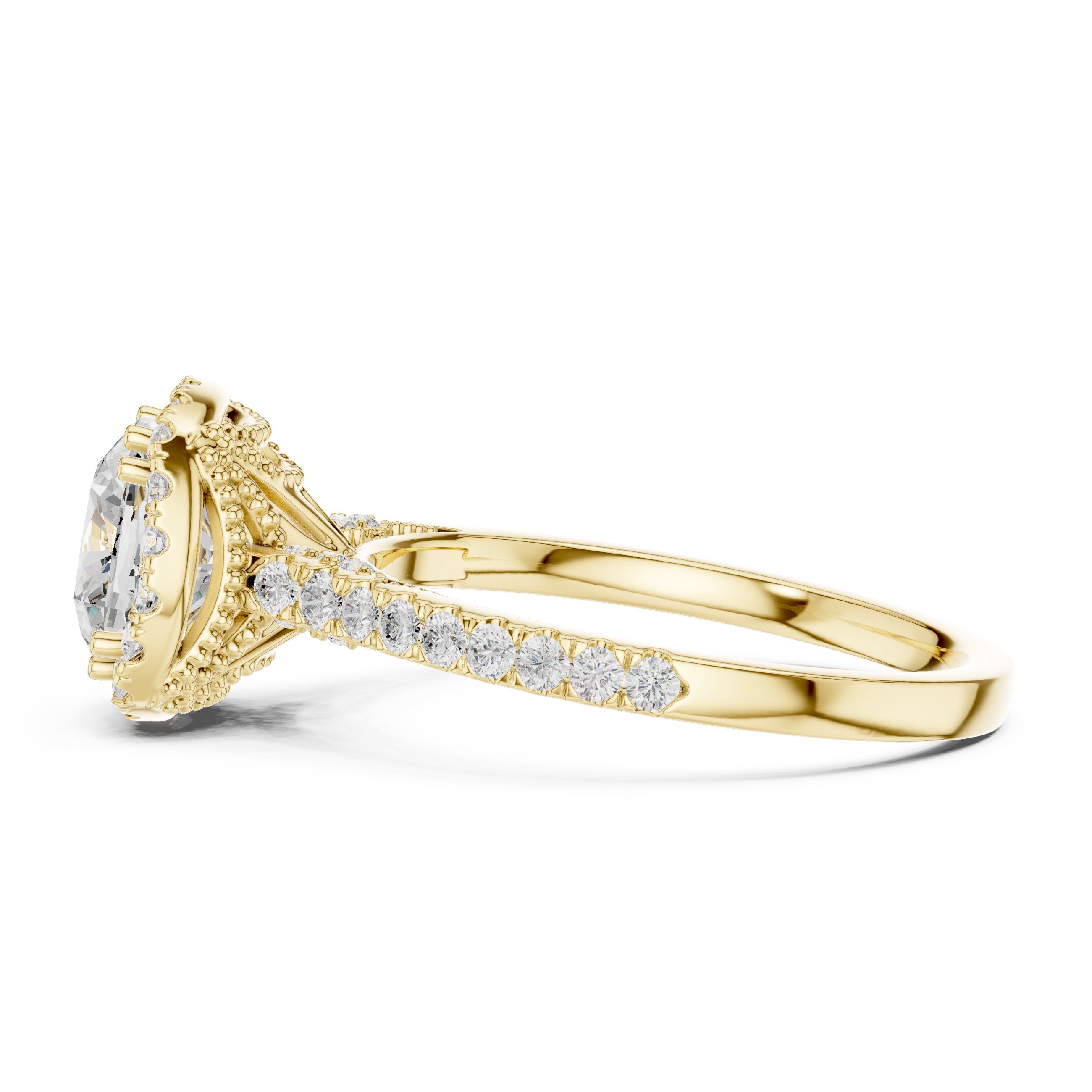 Cushion Cut Halo Engagement Ring with Pavé Band in Yellow Gold - VYKA Diamonds