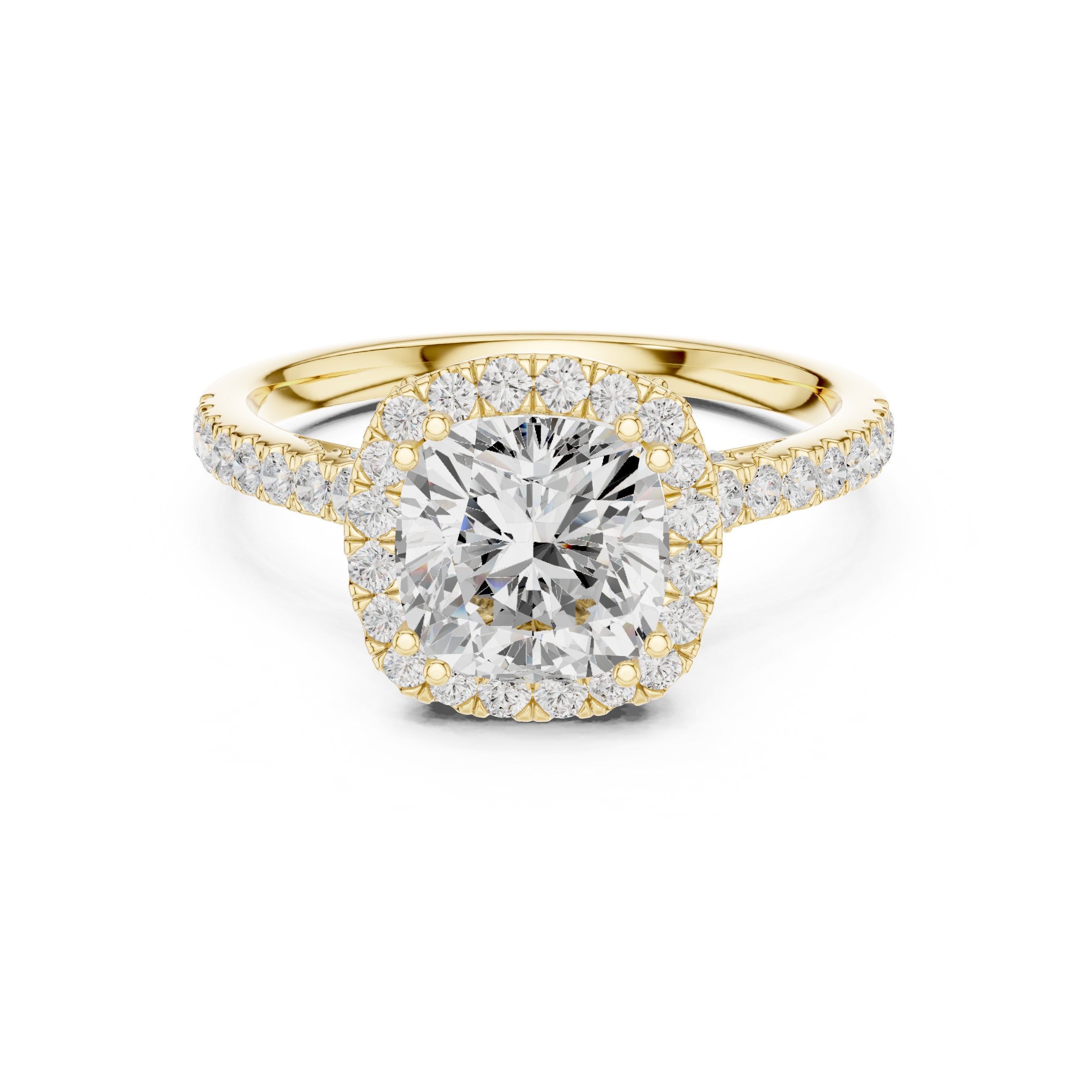 Cushion Cut Halo Engagement Ring with Pavé Band in Yellow Gold - VYKA Diamonds
