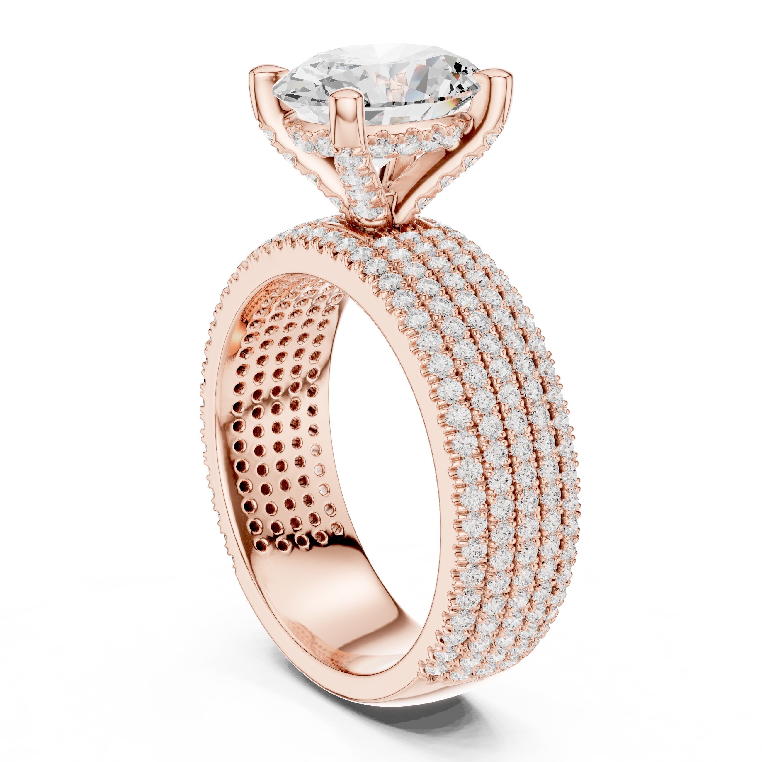 Oval Diamond Engagement Ring with Wide Multi-Row Pavé Band in Rose Gold - VYKA Diamonds