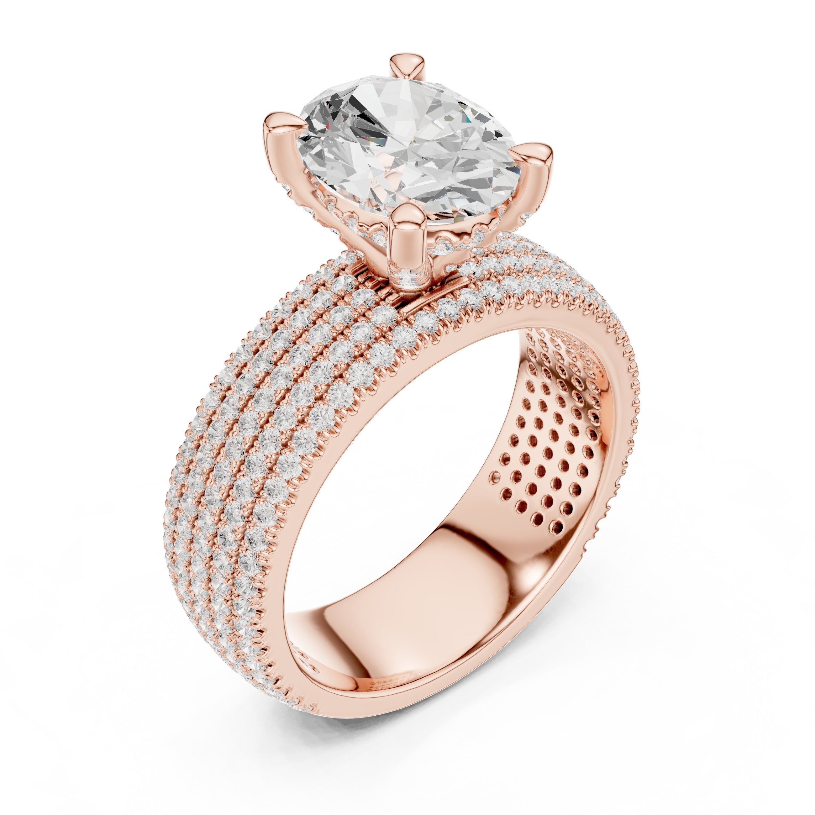 Oval Diamond Engagement Ring with Wide Multi-Row Pavé Band in Rose Gold - VYKA Diamonds