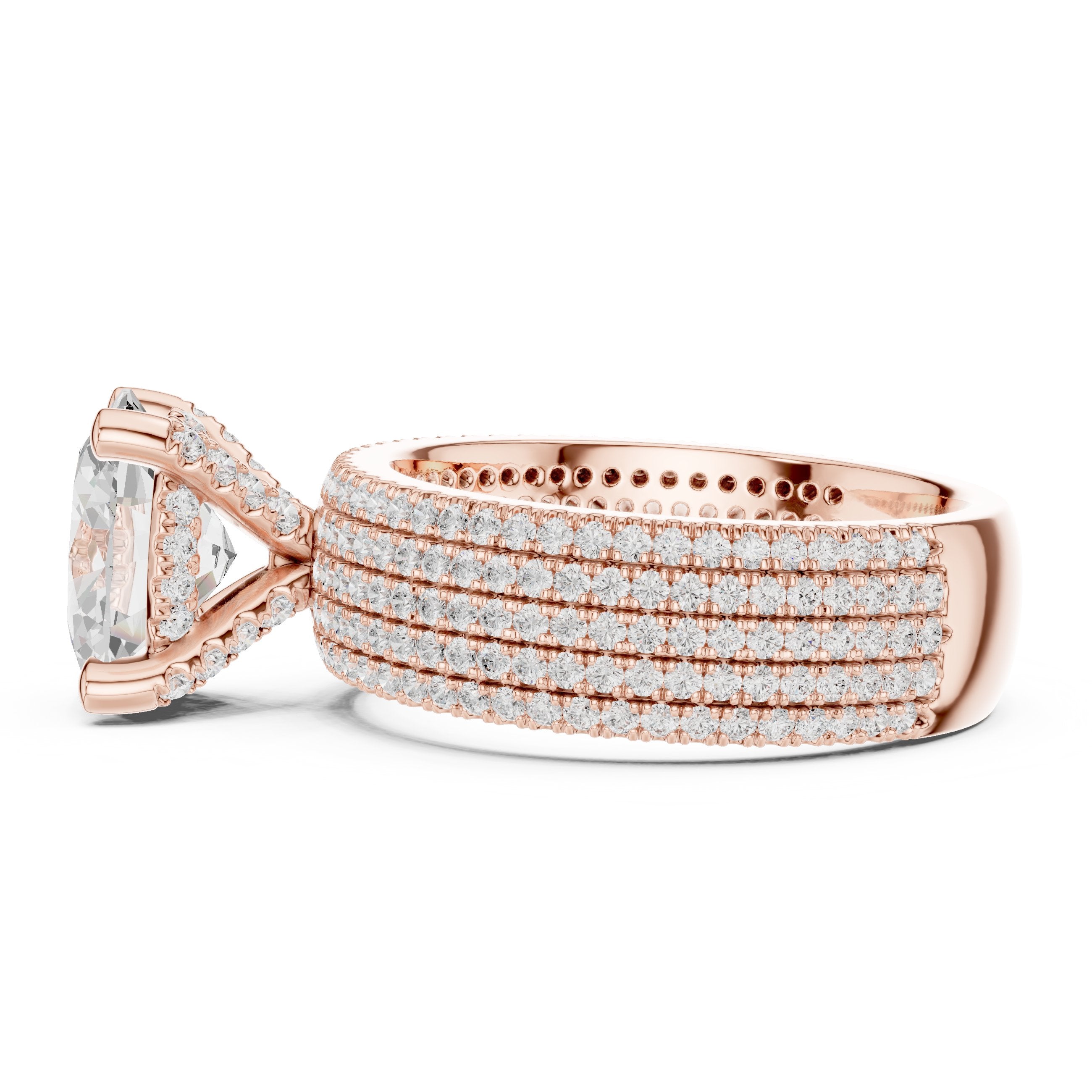 Oval Diamond Engagement Ring with Wide Multi-Row Pavé Band in Rose Gold - VYKA Diamonds