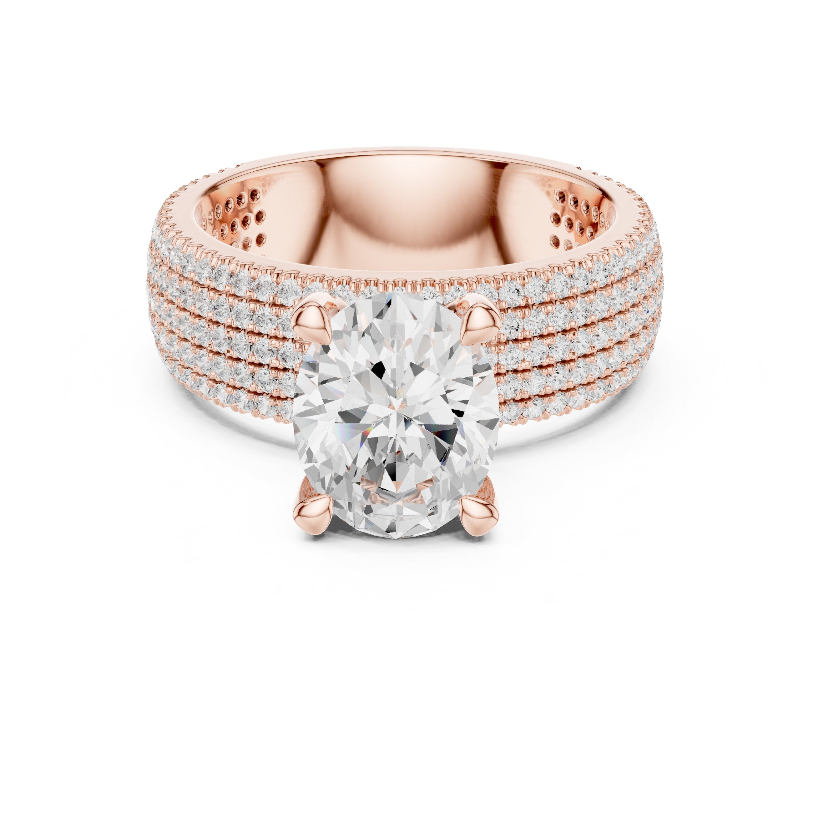 Oval Diamond Engagement Ring with Wide Multi-Row Pavé Band in Rose Gold - VYKA Diamonds