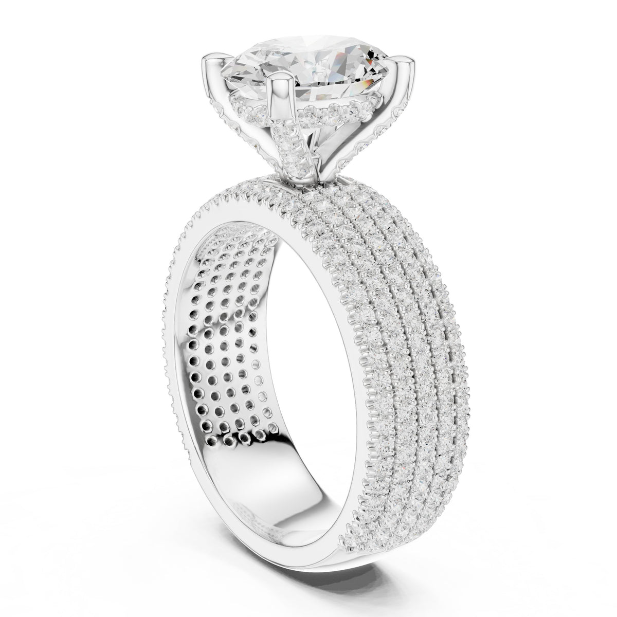Oval Diamond Engagement Ring with Wide Multi-Row Pavé Band