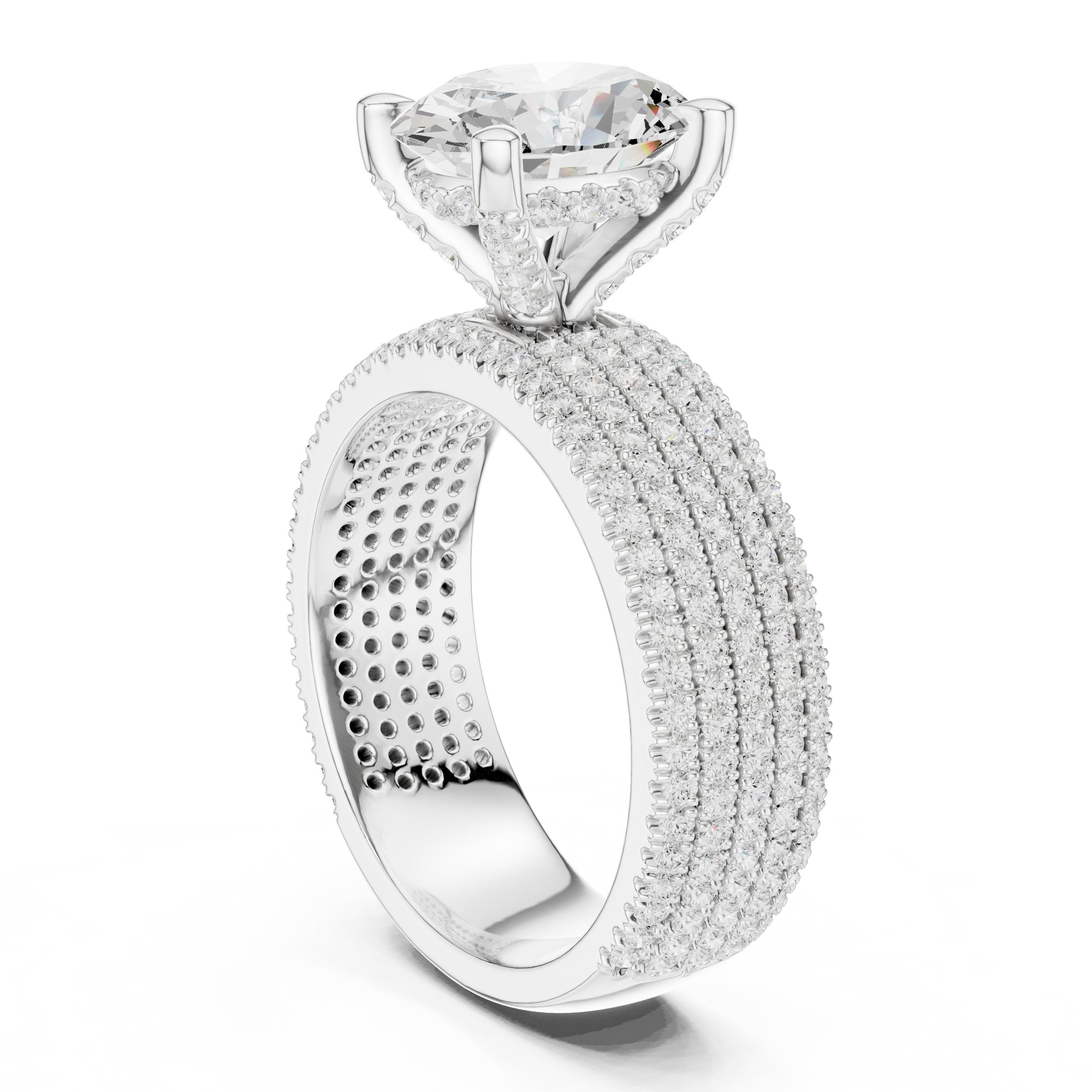 Oval Diamond Engagement Ring with Wide Multi-Row Pavé Band in White Gold - VYKA Diamonds