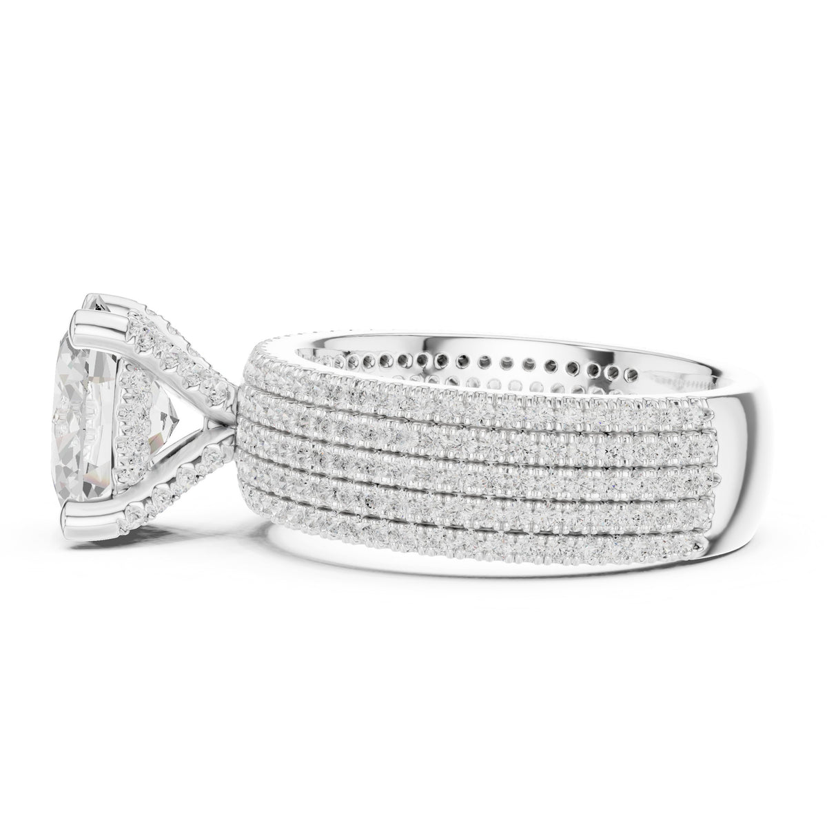 Oval Diamond Engagement Ring with Wide Multi-Row Pavé Band