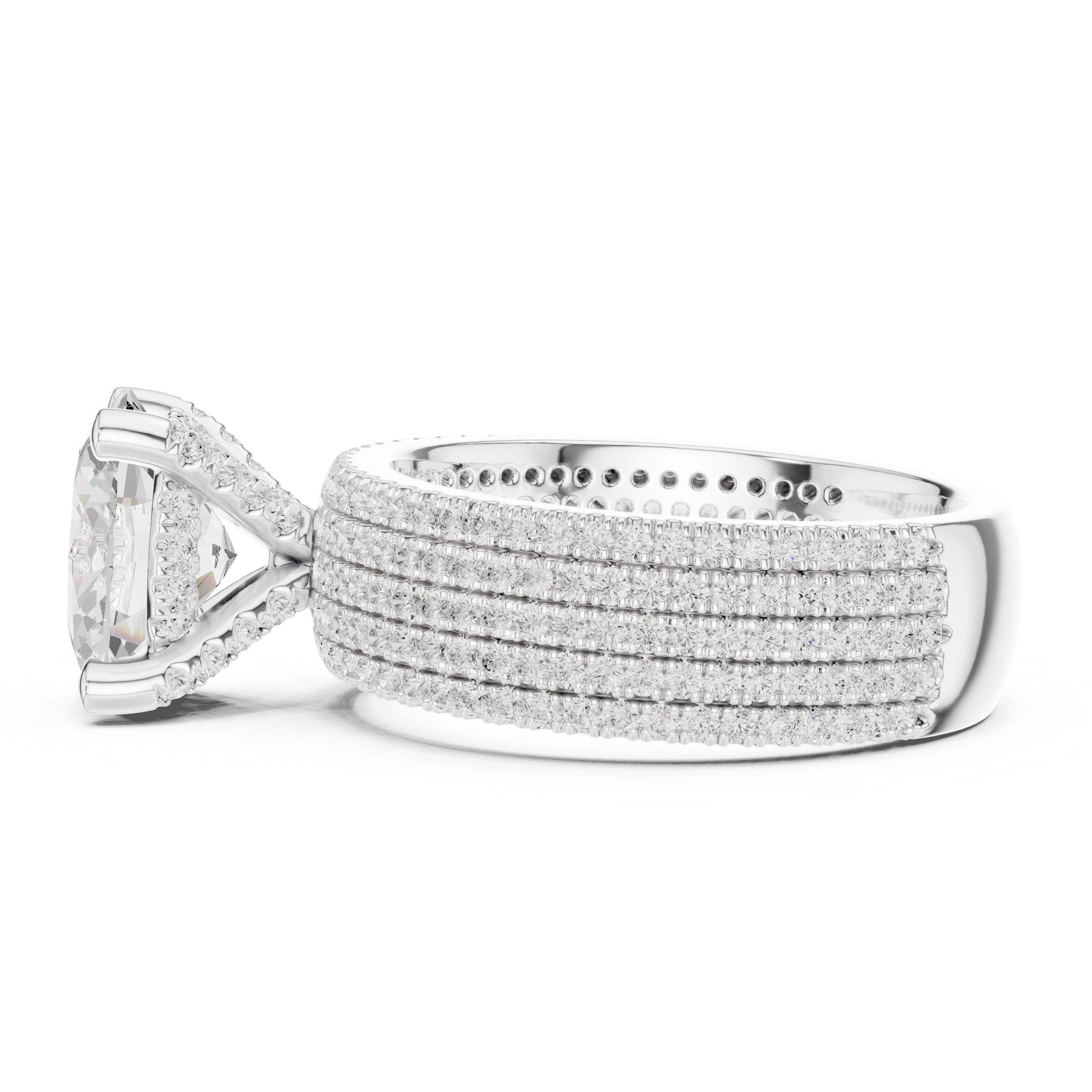 Oval Diamond Engagement Ring with Wide Multi-Row Pavé Band in White Gold - VYKA Diamonds