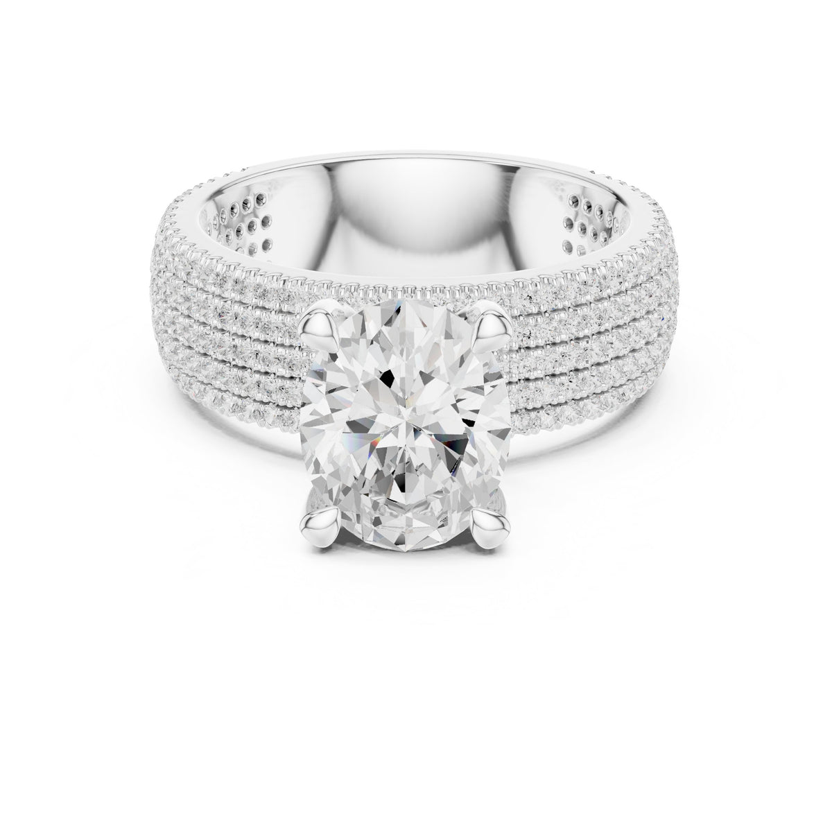 Oval Diamond Engagement Ring with Wide Multi-Row Pavé Band