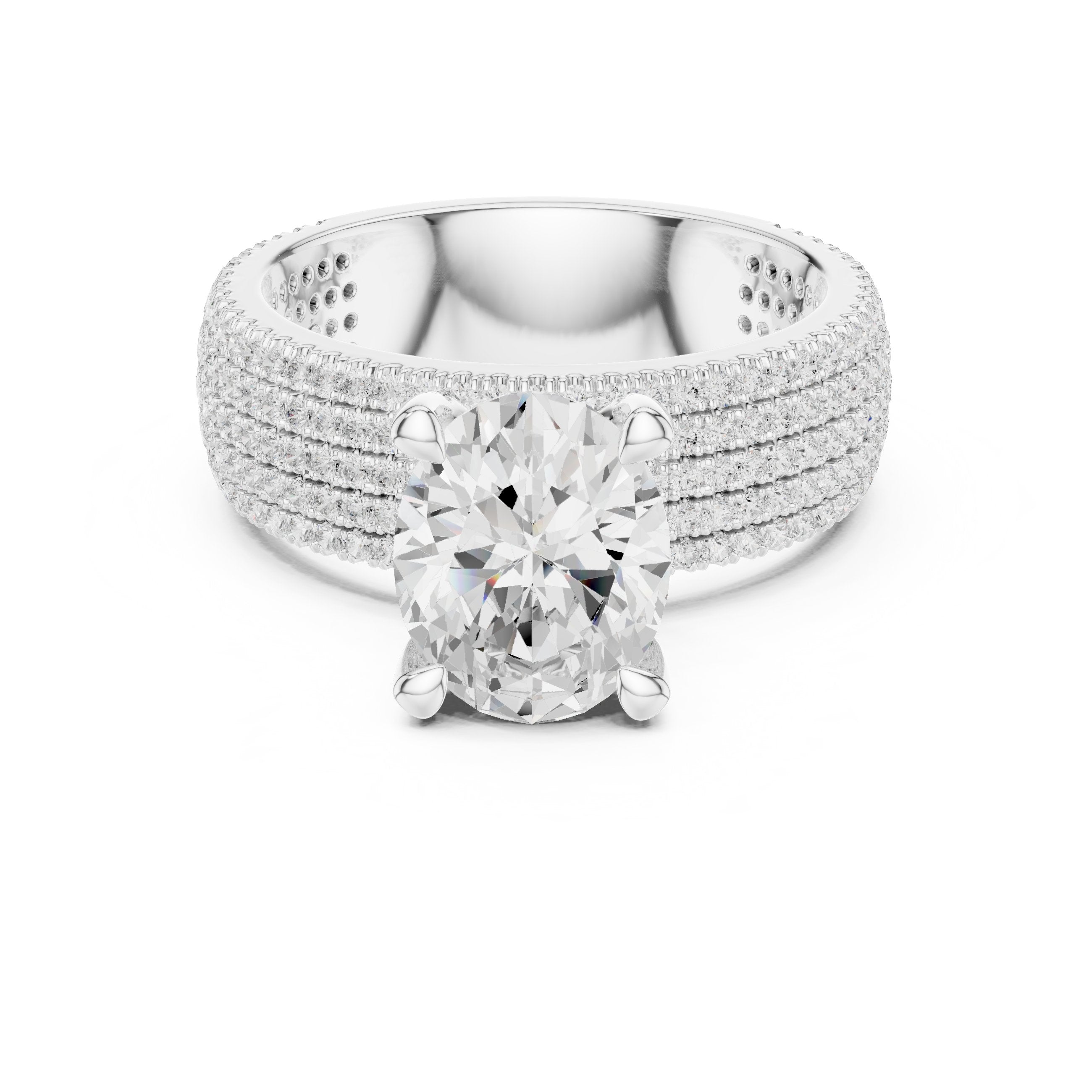 Oval Diamond Engagement Ring with Wide Multi-Row Pavé Band in White Gold - VYKA Diamonds