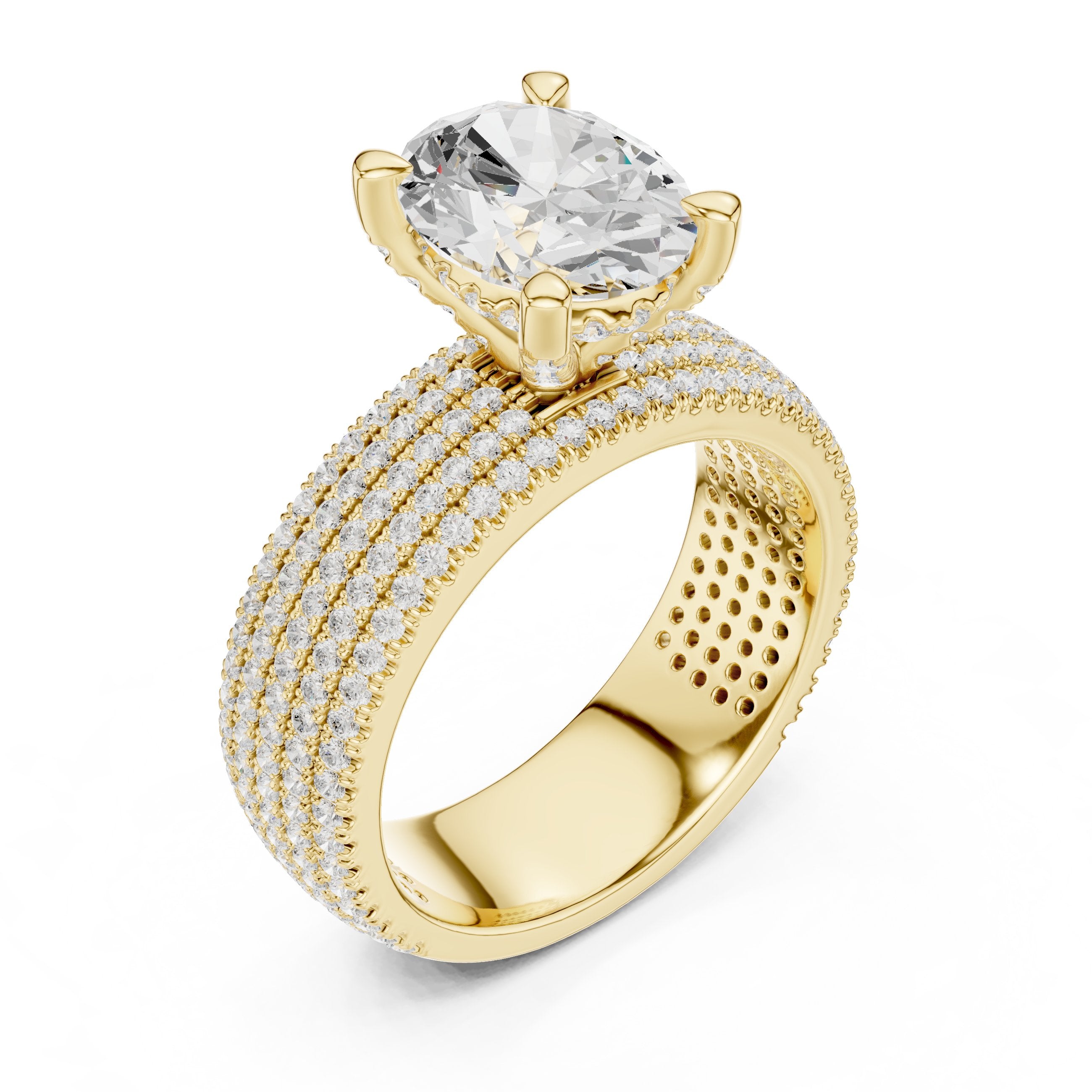 Oval Diamond Engagement Ring with Wide Multi-Row Pavé Band in Yellow Gold - VYKA Diamonds
