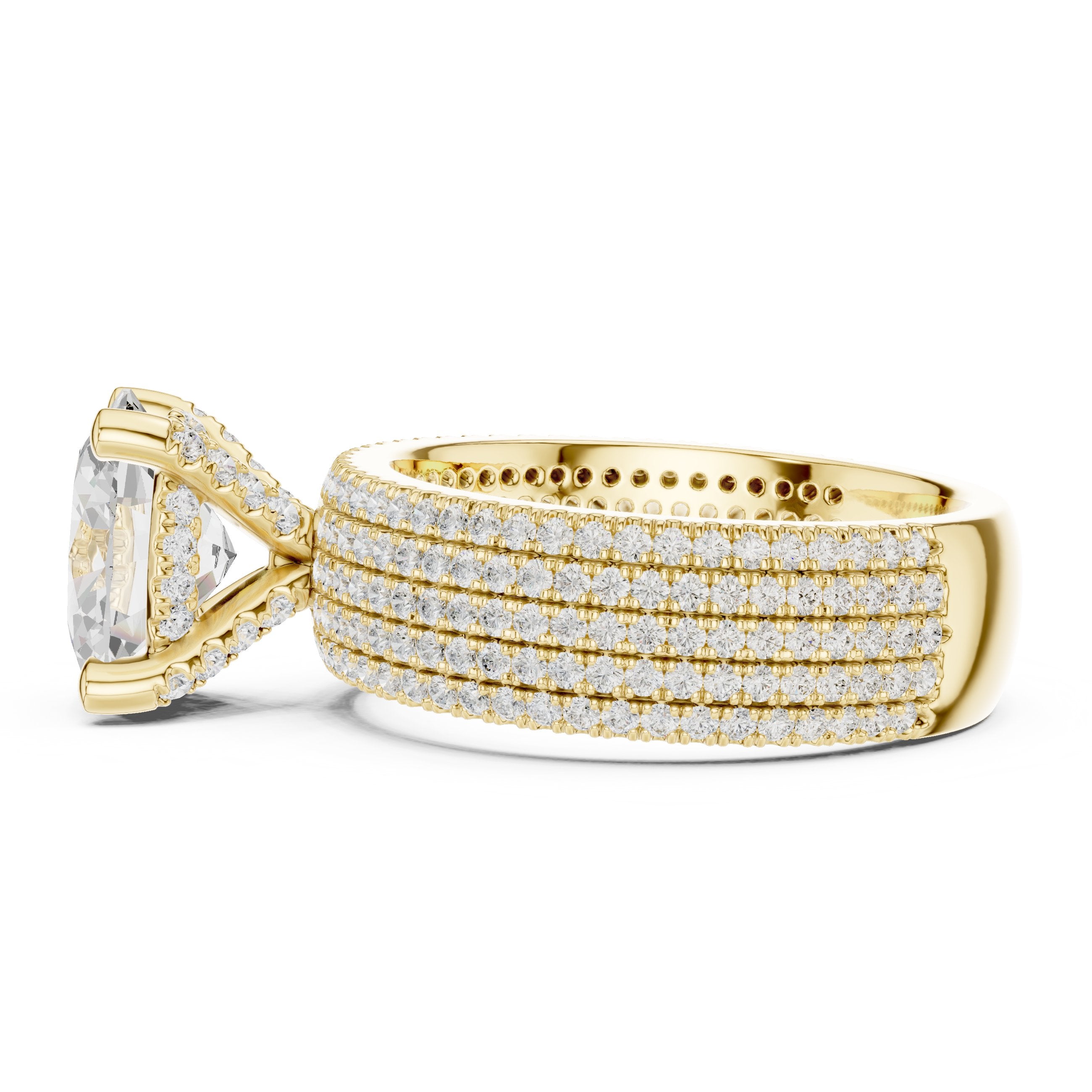 Oval Diamond Engagement Ring with Wide Multi-Row Pavé Band in Yellow Gold - VYKA Diamonds