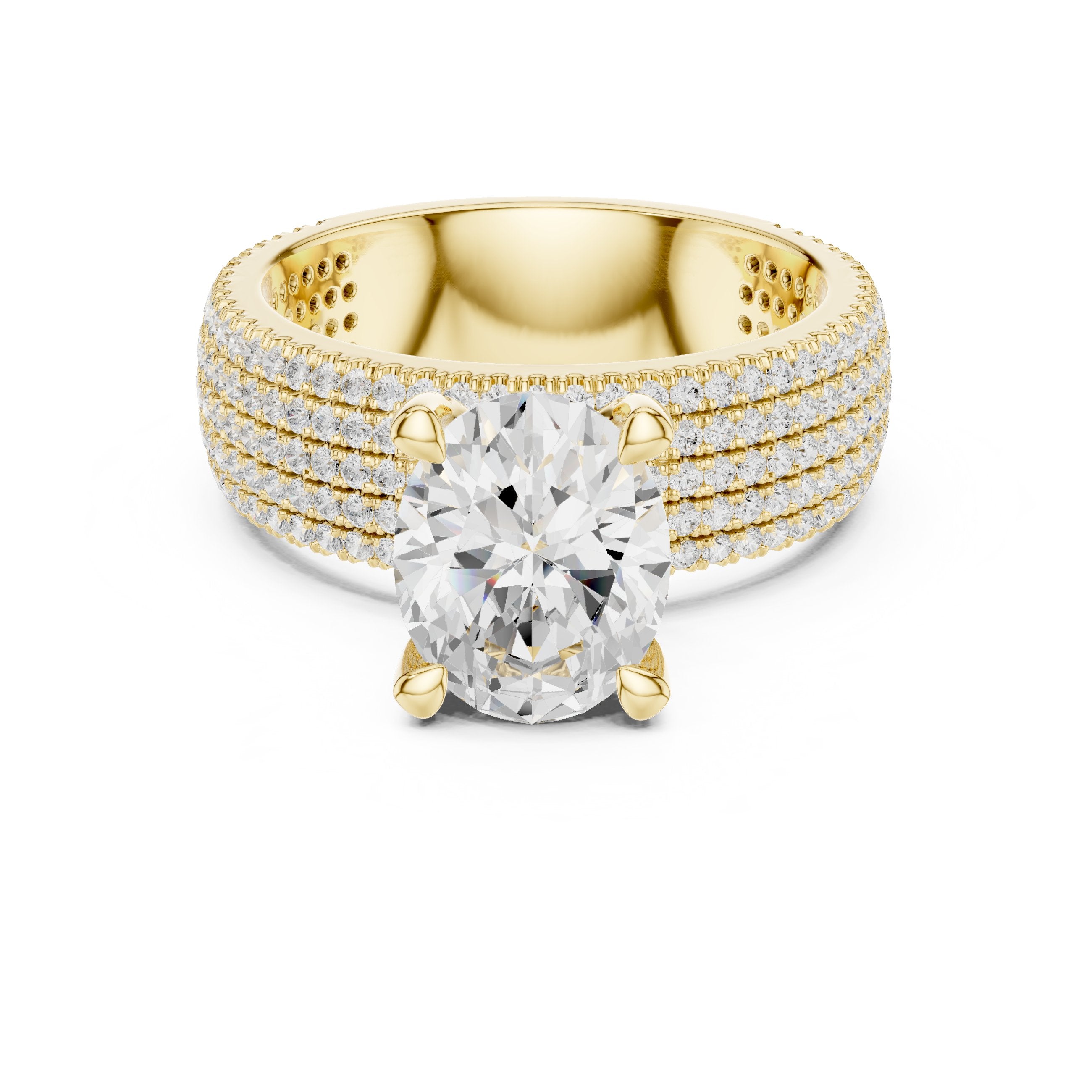 Oval Diamond Engagement Ring with Wide Multi-Row Pavé Band in Yellow Gold - VYKA Diamonds