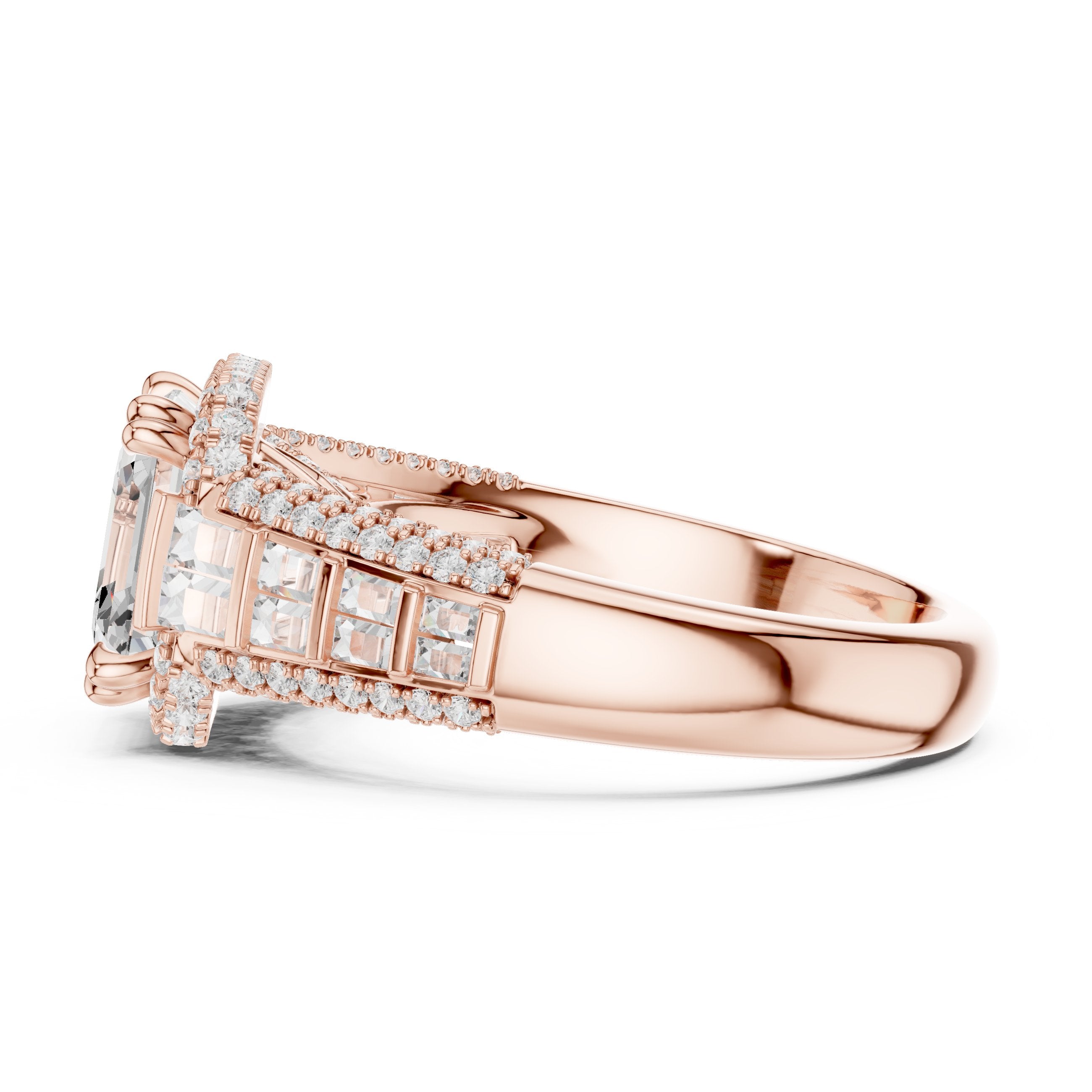 Asscher Cut Halo Engagement Ring with Vertical Baguette Sides and Pavé Band in Rose Gold - VYKA Diamonds