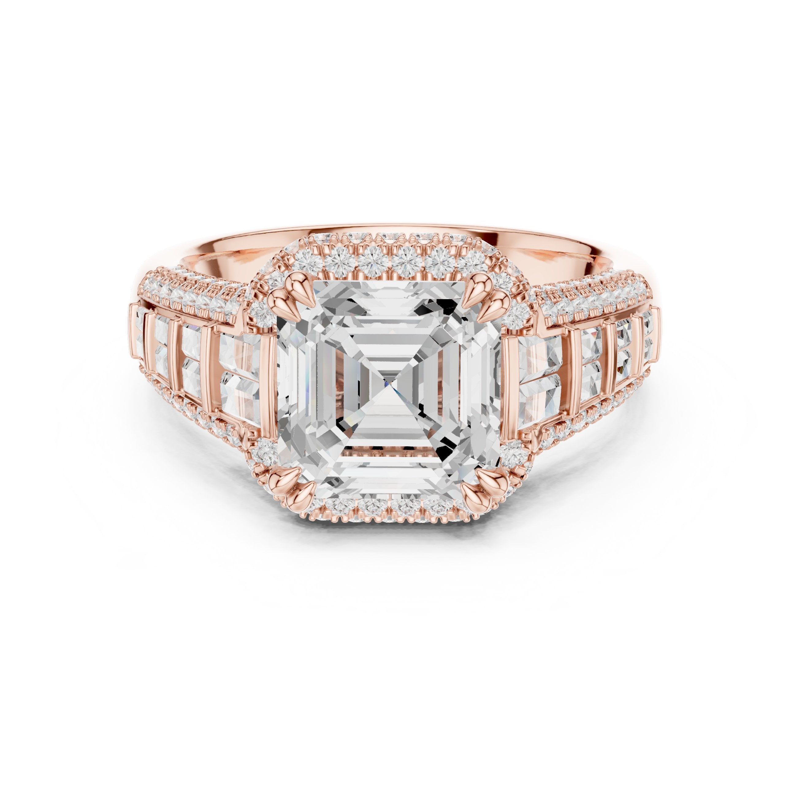 Asscher Cut Halo Engagement Ring with Vertical Baguette Sides and Pavé Band in Rose Gold - VYKA Diamonds