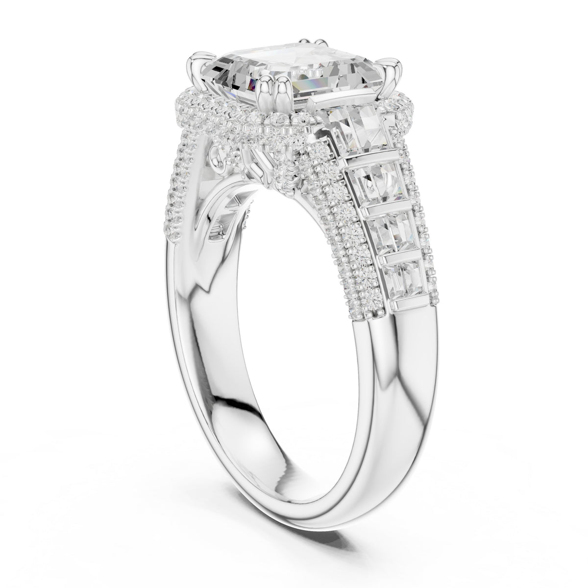 خاتم خطوبة بألماس آشر وهالة مع باغيت عمودي وساق بافيه