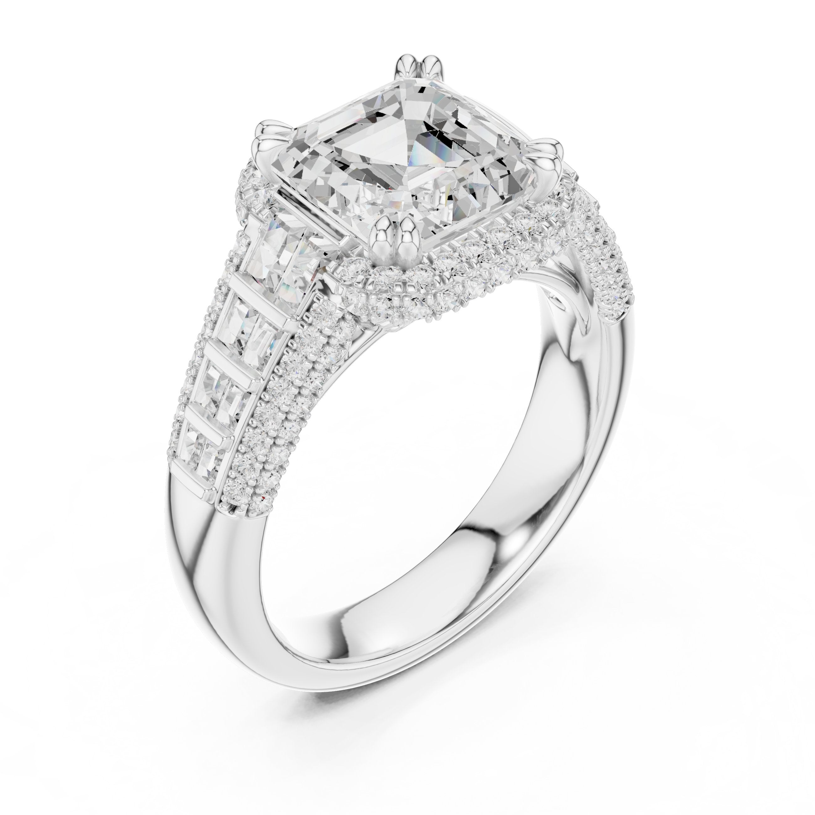 Asscher Cut Halo Engagement Ring with Vertical Baguette Sides and Pavé Band in White Gold - VYKA Diamonds