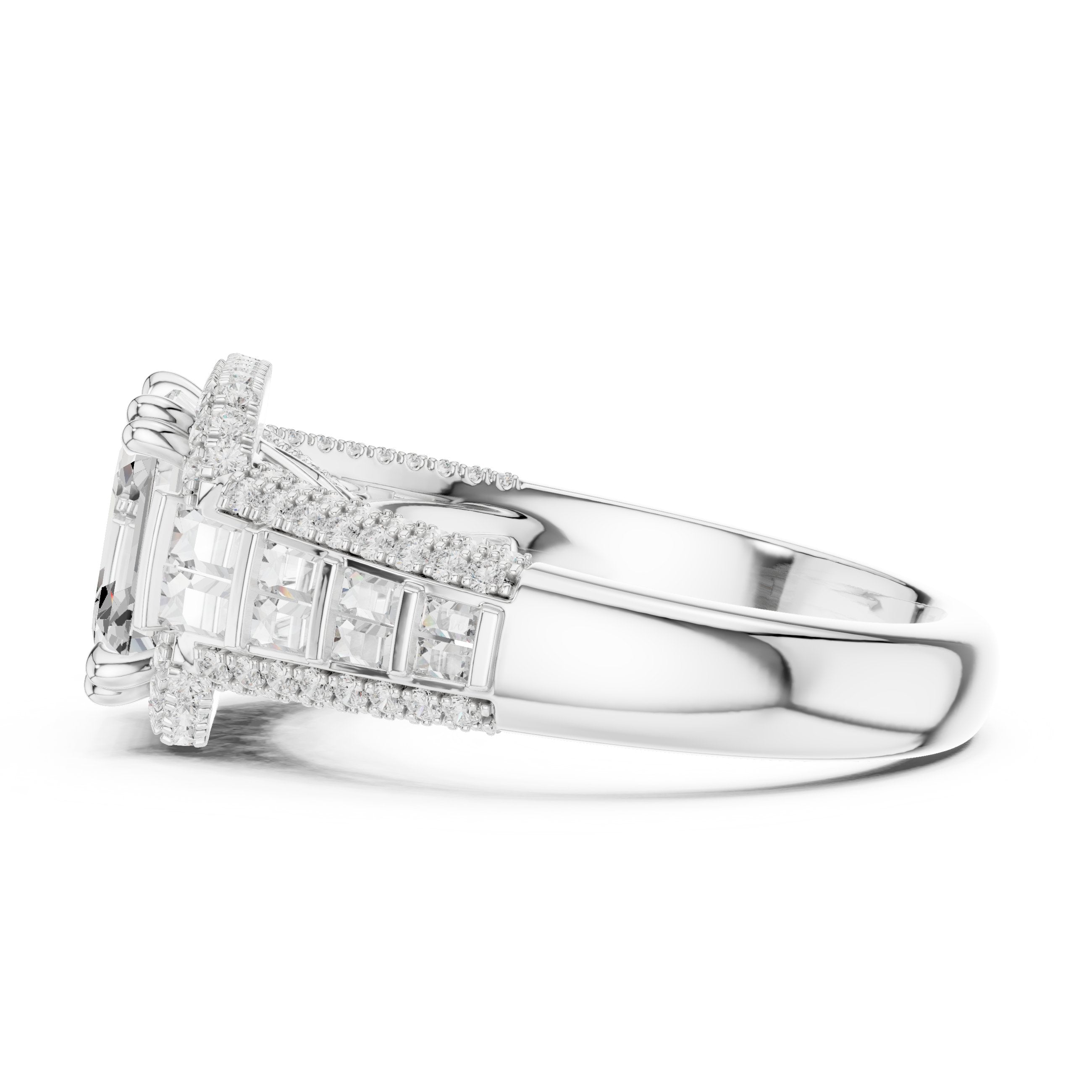 Asscher Cut Halo Engagement Ring with Vertical Baguette Sides and Pavé Band in White Gold - VYKA Diamonds
