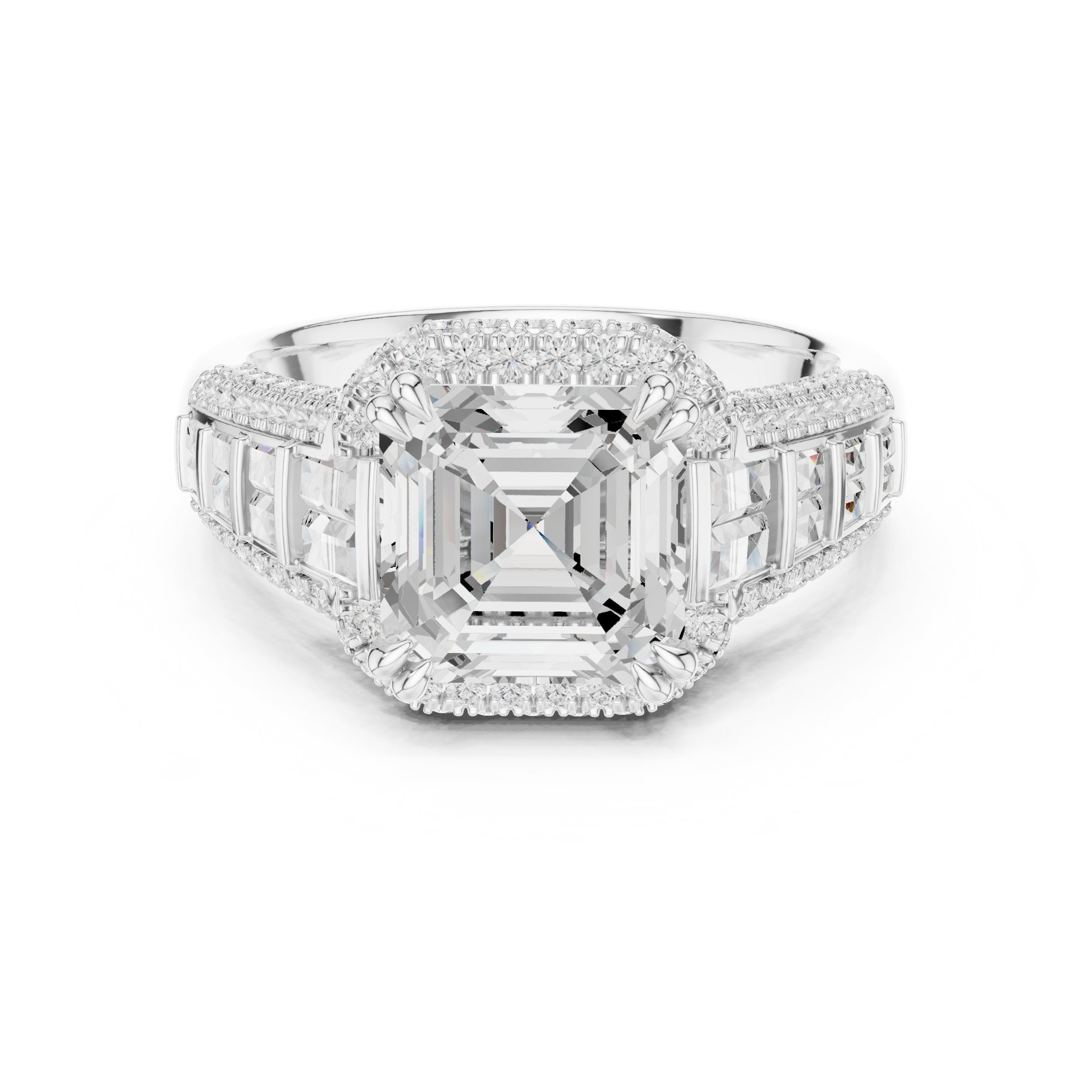 Asscher Cut Halo Engagement Ring with Vertical Baguette Sides and Pavé Band in White Gold - VYKA Diamonds