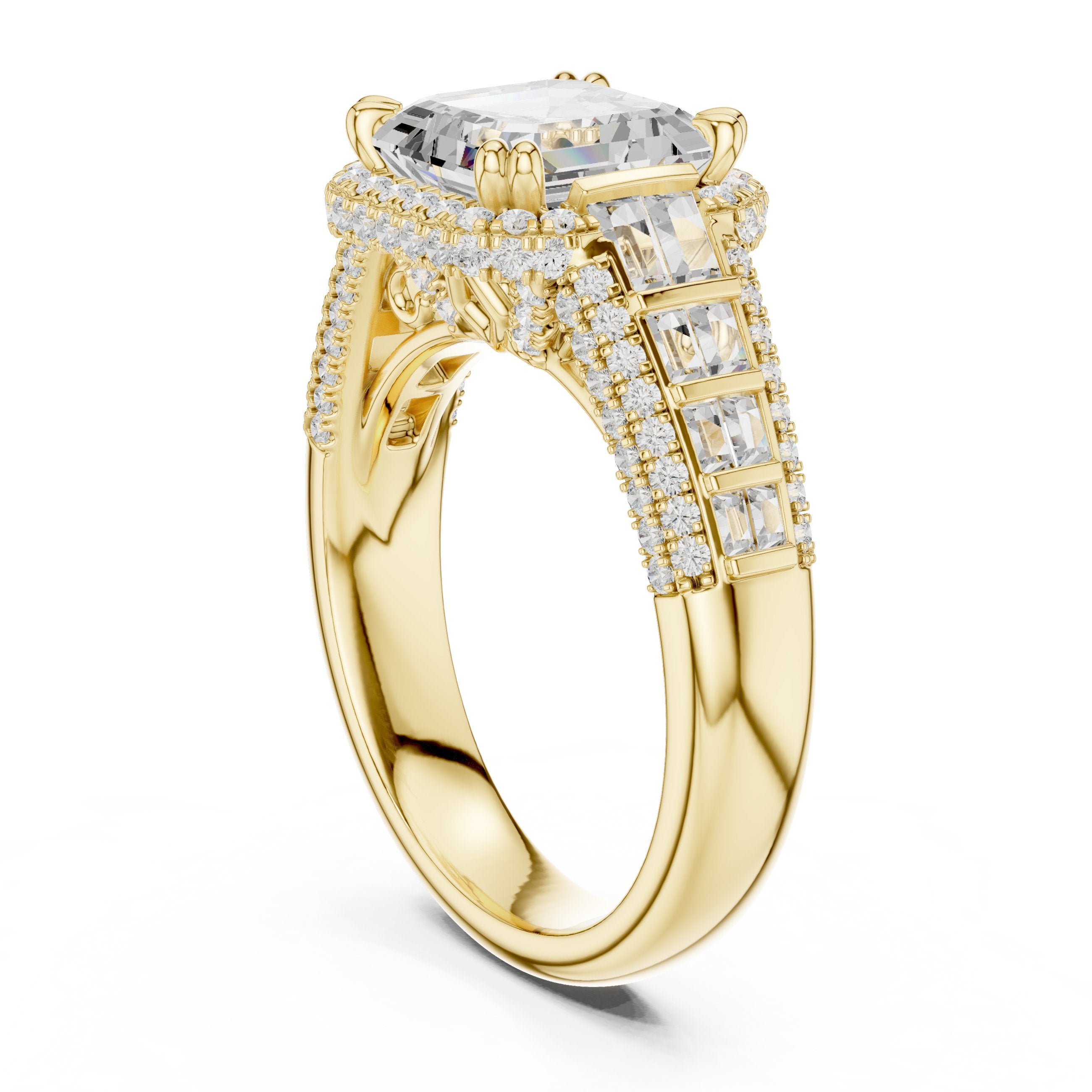 Asscher Cut Halo Engagement Ring with Vertical Baguette Sides and Pavé Band in Yellow Gold - VYKA Diamonds
