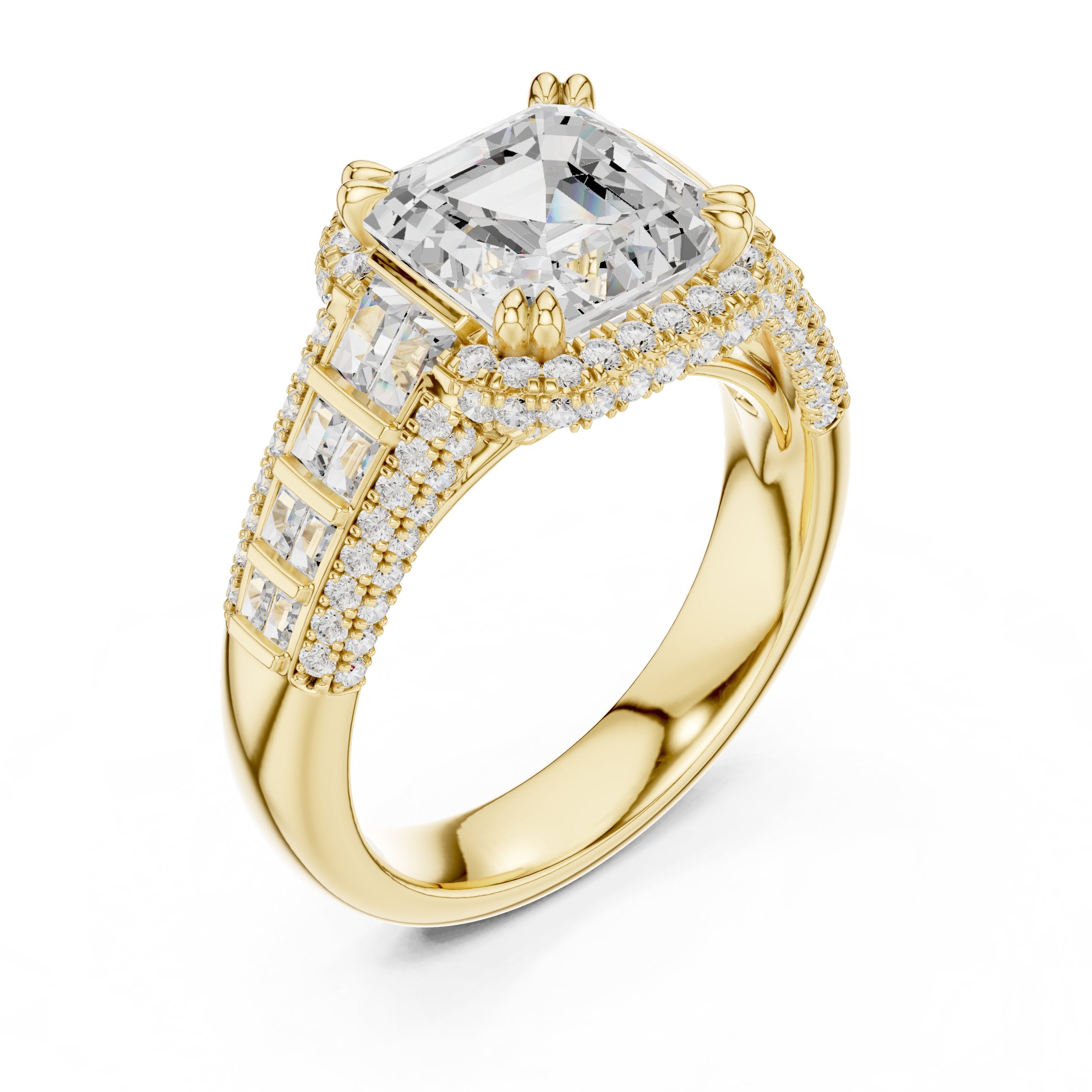 Asscher Cut Halo Engagement Ring with Vertical Baguette Sides and Pavé Band in Yellow Gold - VYKA Diamonds