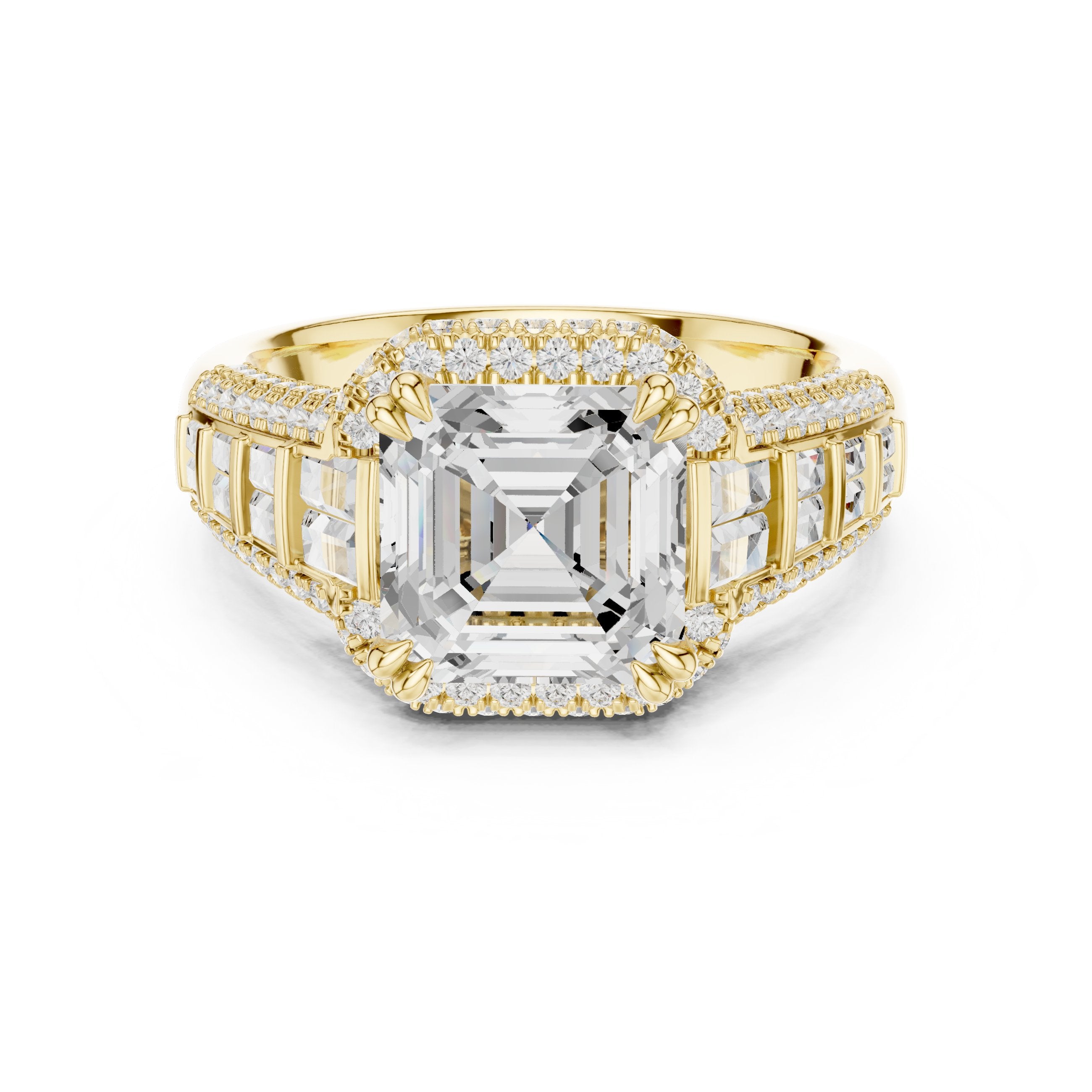 Asscher Cut Halo Engagement Ring with Vertical Baguette Sides and Pavé Band in Yellow Gold - VYKA Diamonds