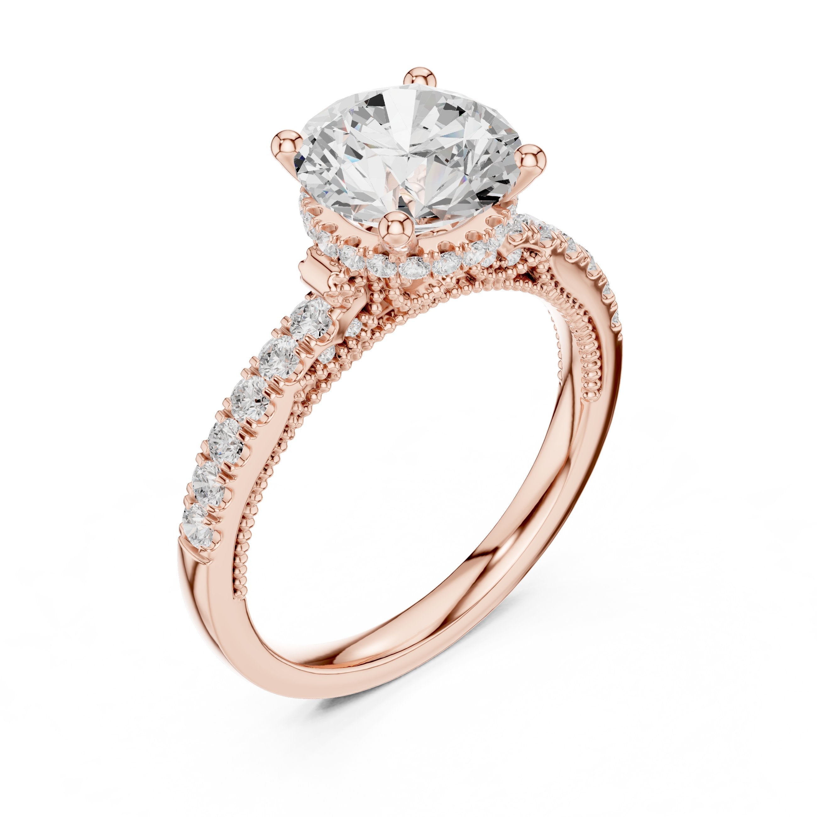 Round Diamond Cathedral Engagement Ring with Double Row Pavé Band in Rose Gold - VYKA Diamonds