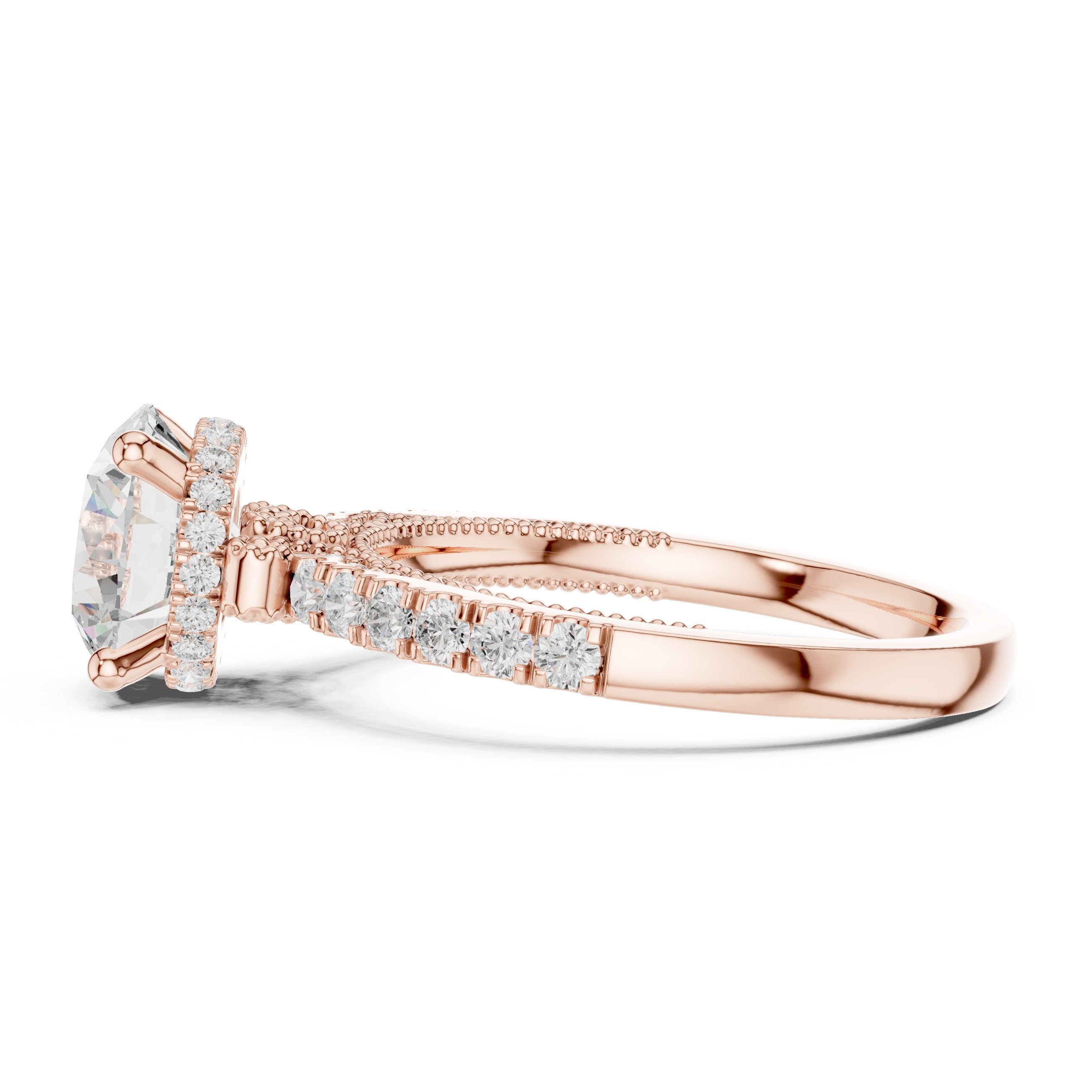 Round Diamond Cathedral Engagement Ring with Double Row Pavé Band in Rose Gold - VYKA Diamonds