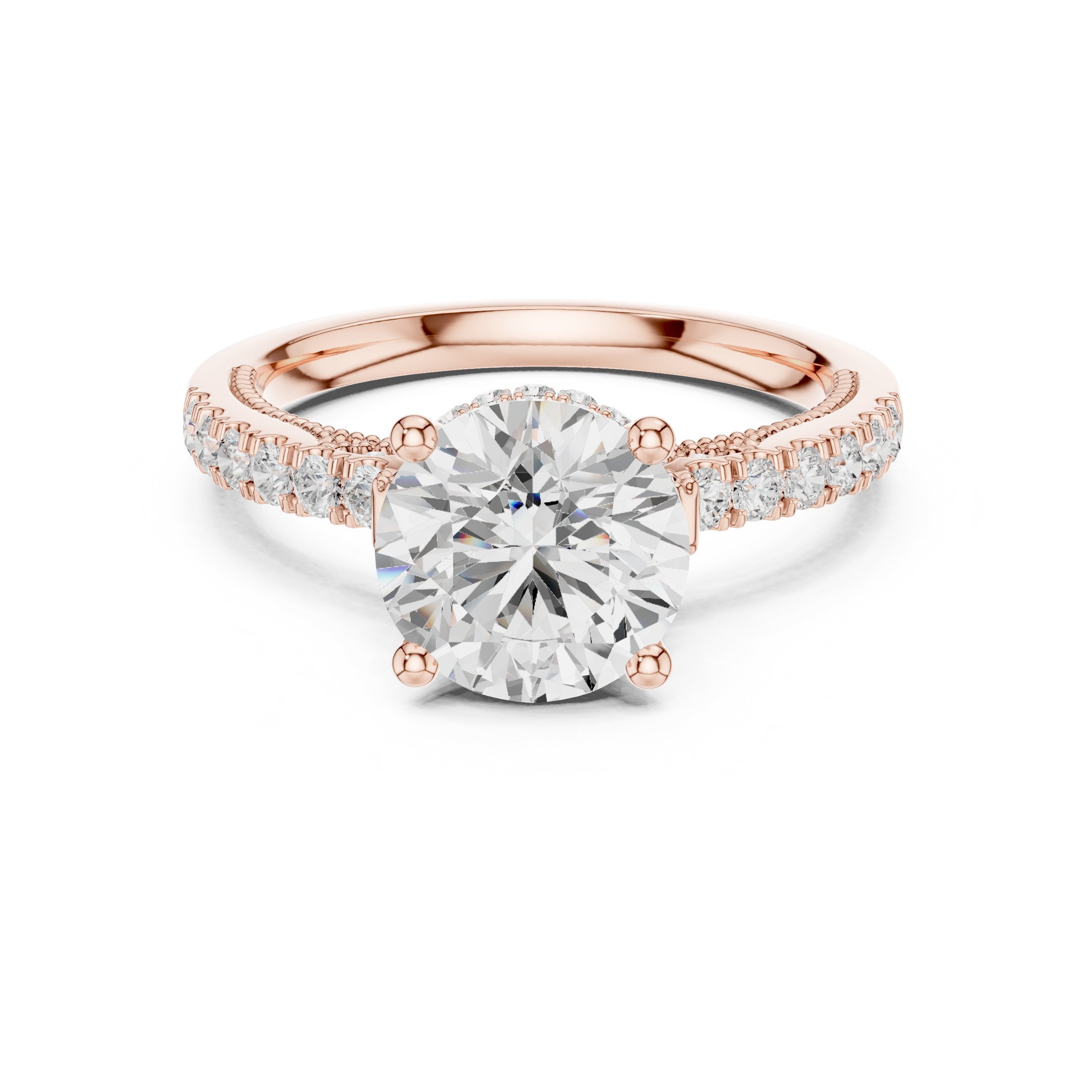 Round Diamond Cathedral Engagement Ring with Double Row Pavé Band in Rose Gold - VYKA Diamonds