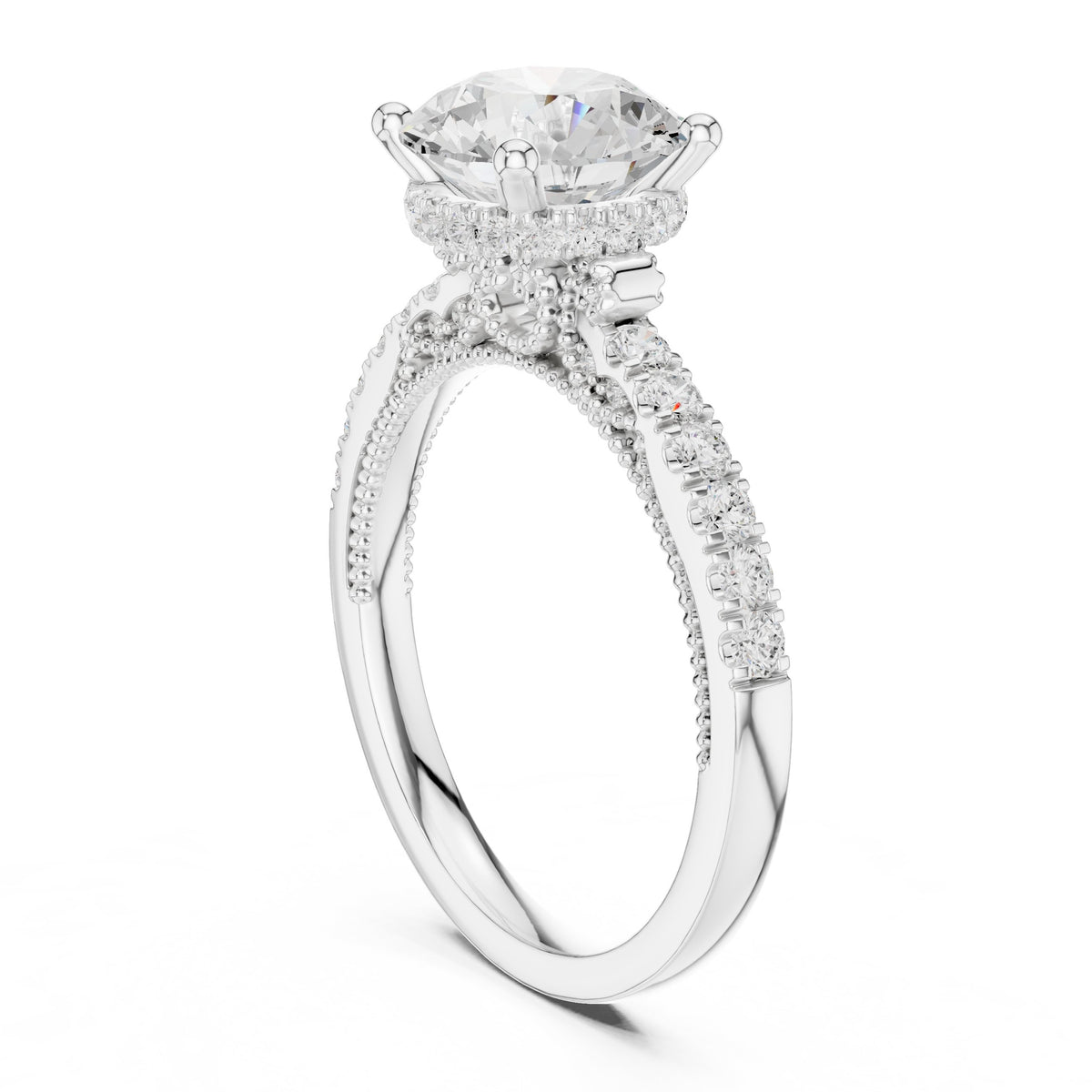 Round Diamond Cathedral Engagement Ring with Double Row Pavé Band
