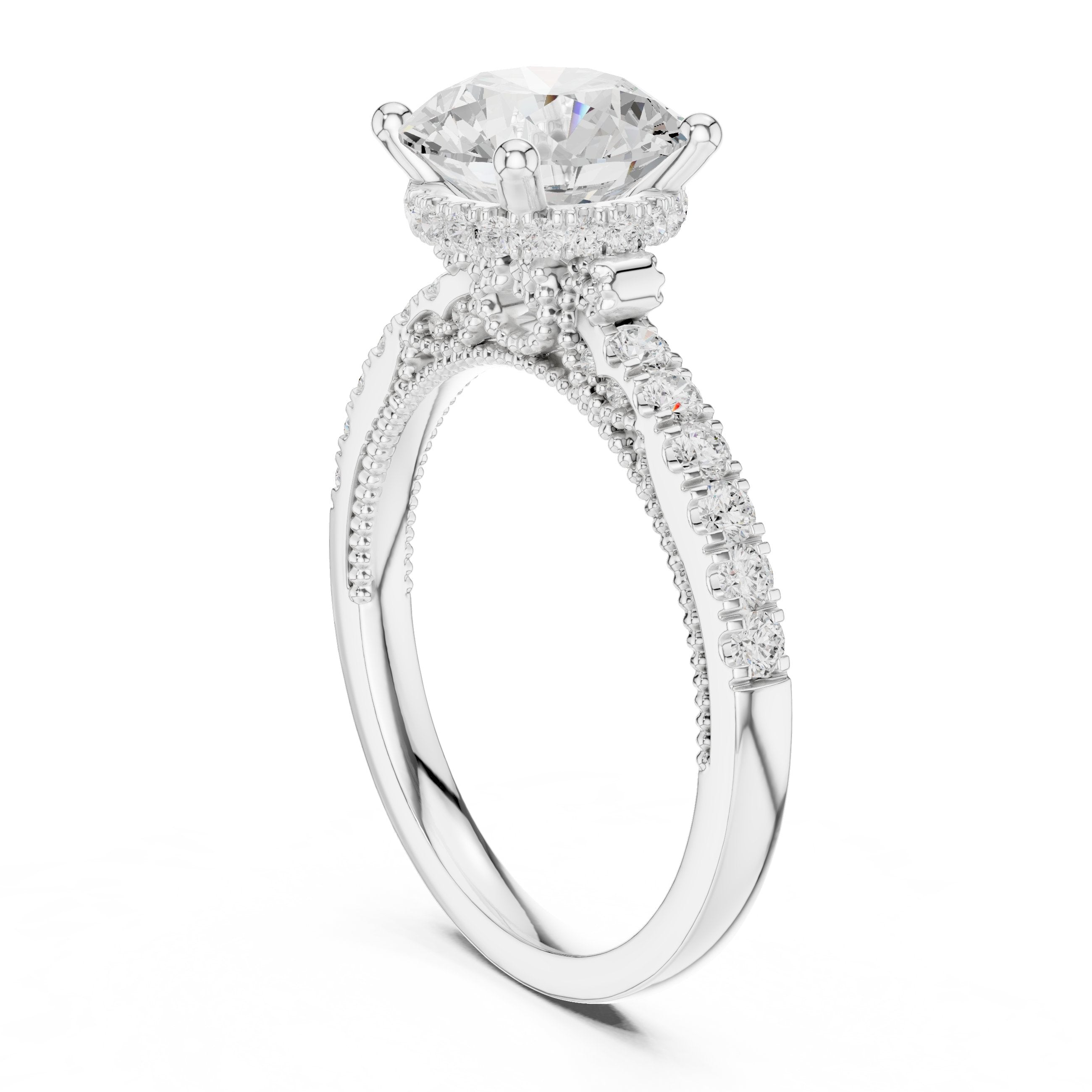 Round Diamond Cathedral Engagement Ring with Double Row Pavé Band in White Gold - VYKA Diamonds