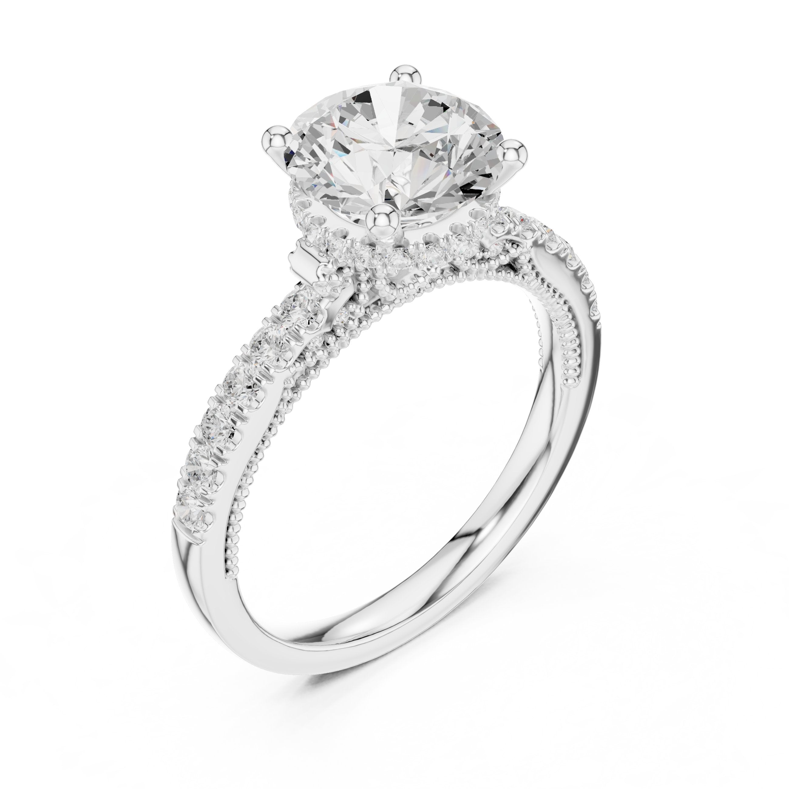 Round Diamond Cathedral Engagement Ring with Double Row Pavé Band in White Gold - VYKA Diamonds