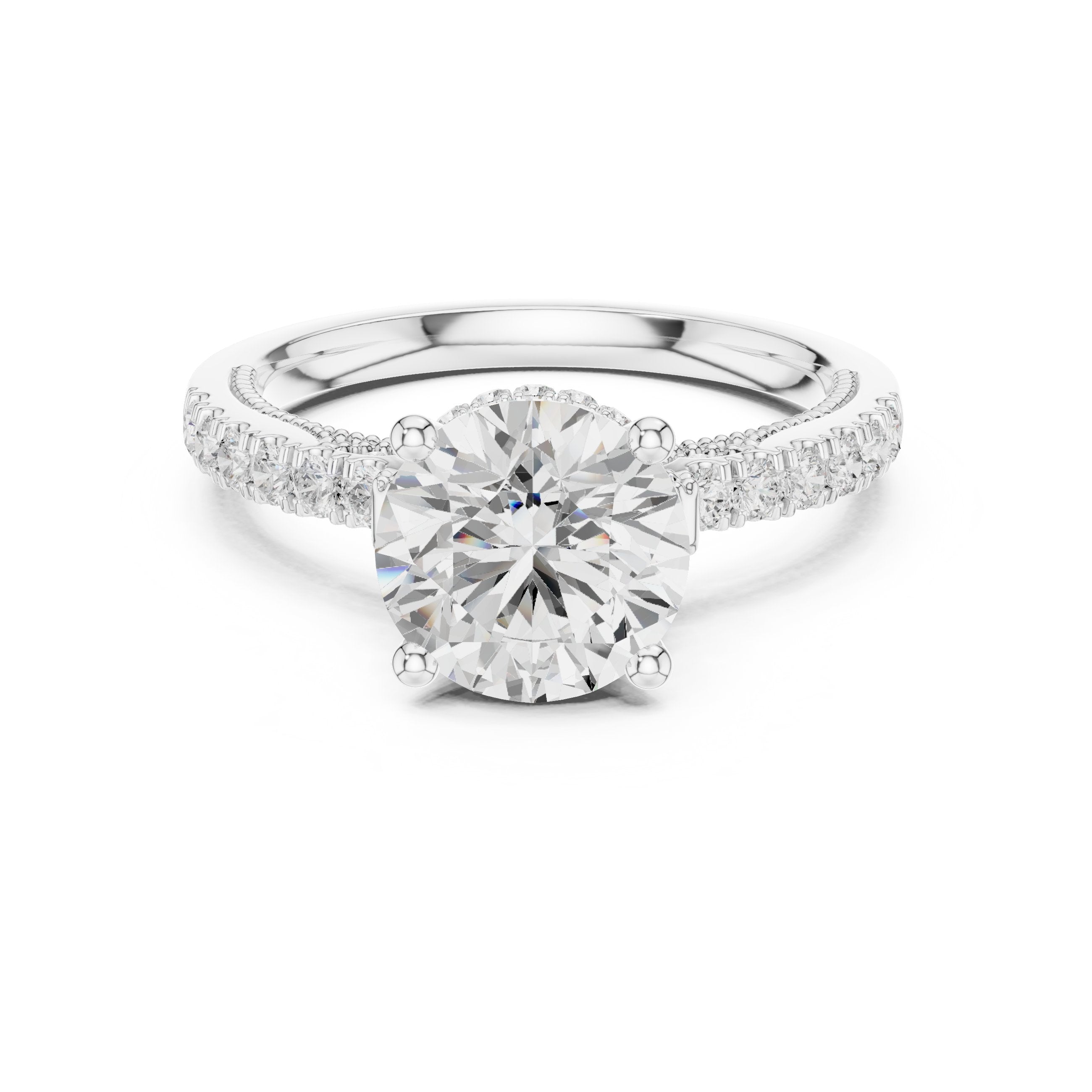 Round Diamond Cathedral Engagement Ring with Double Row Pavé Band in White Gold - VYKA Diamonds