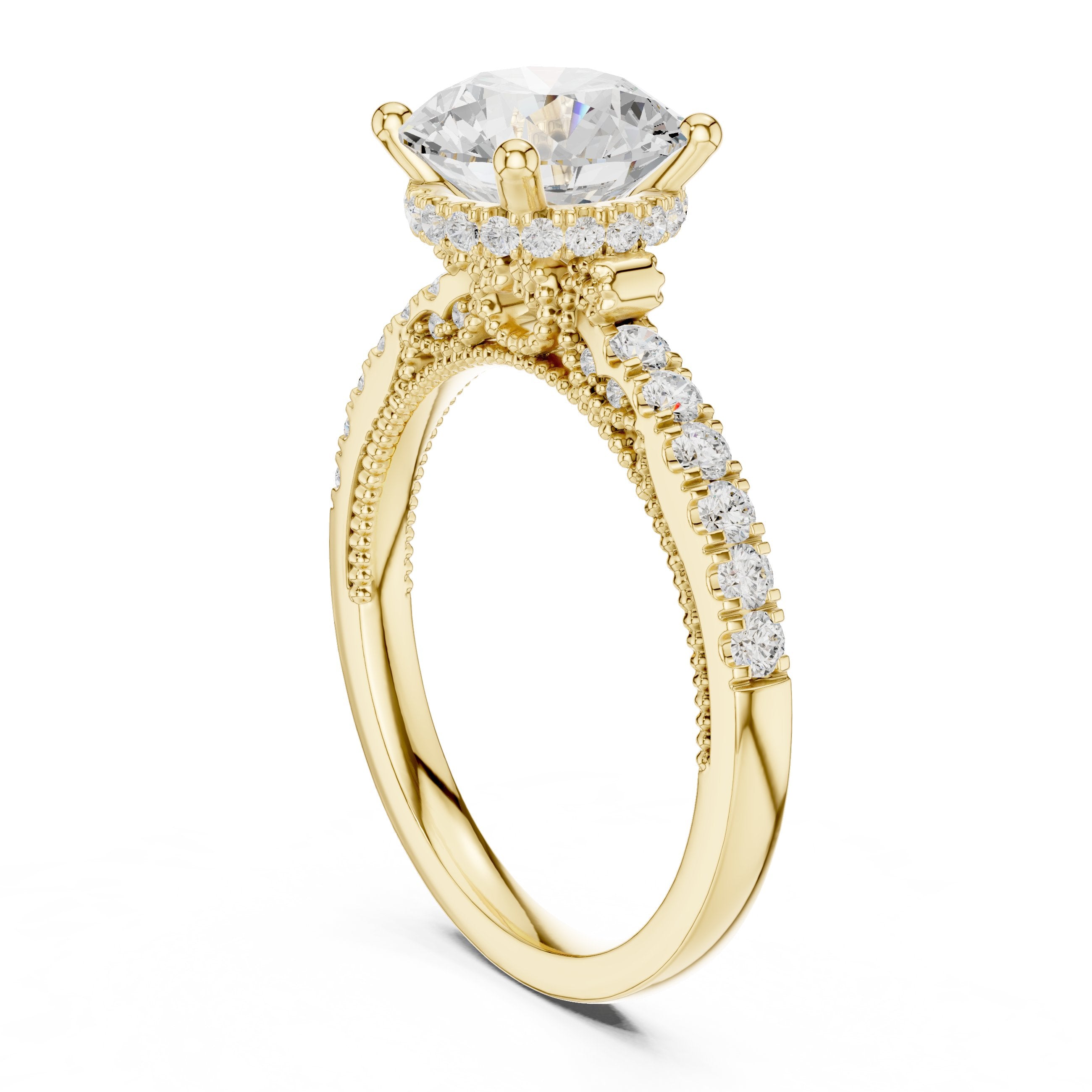 Round Diamond Cathedral Engagement Ring with Double Row Pavé Band in Yellow Gold - VYKA Diamonds