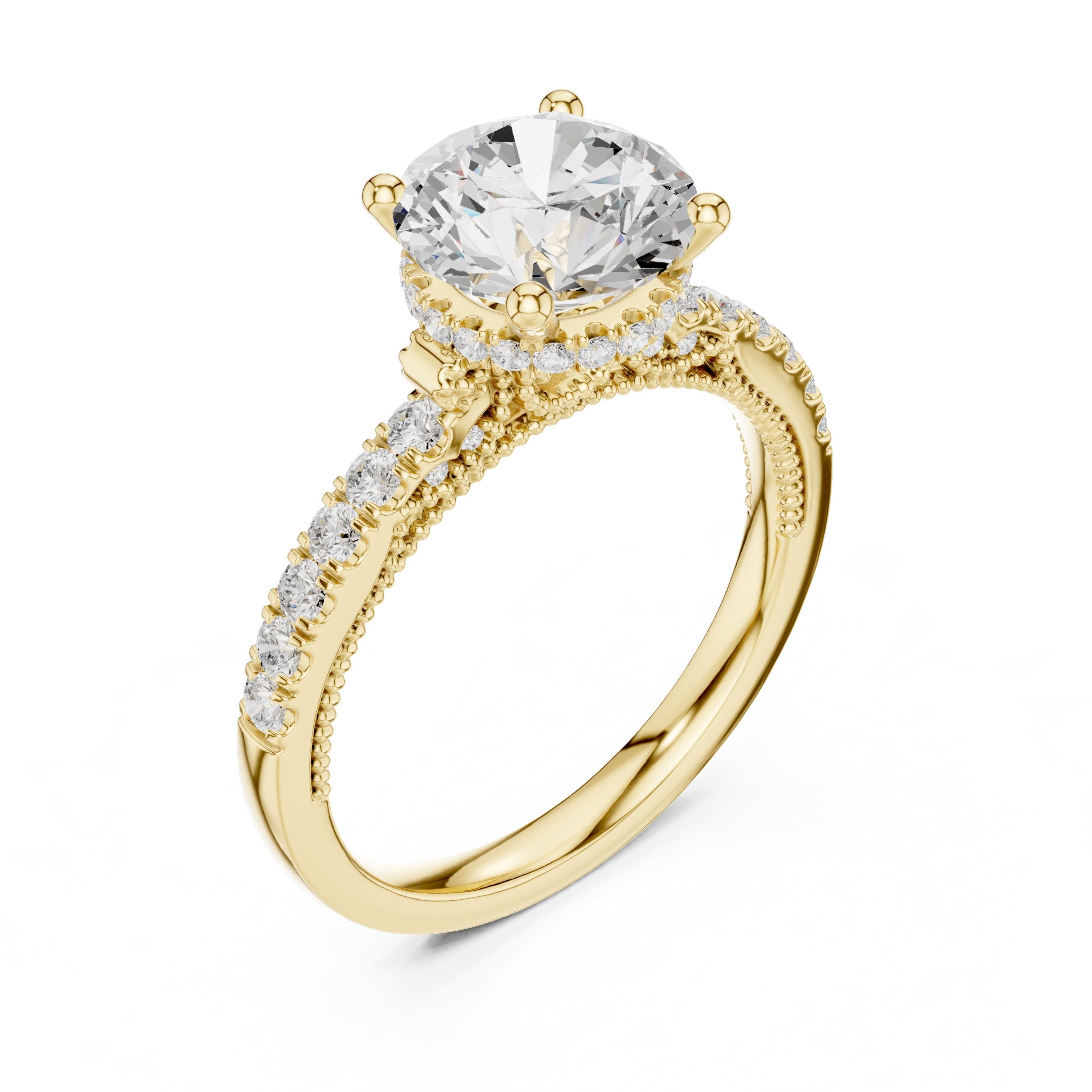 Round Diamond Cathedral Engagement Ring with Double Row Pavé Band in Yellow Gold - VYKA Diamonds