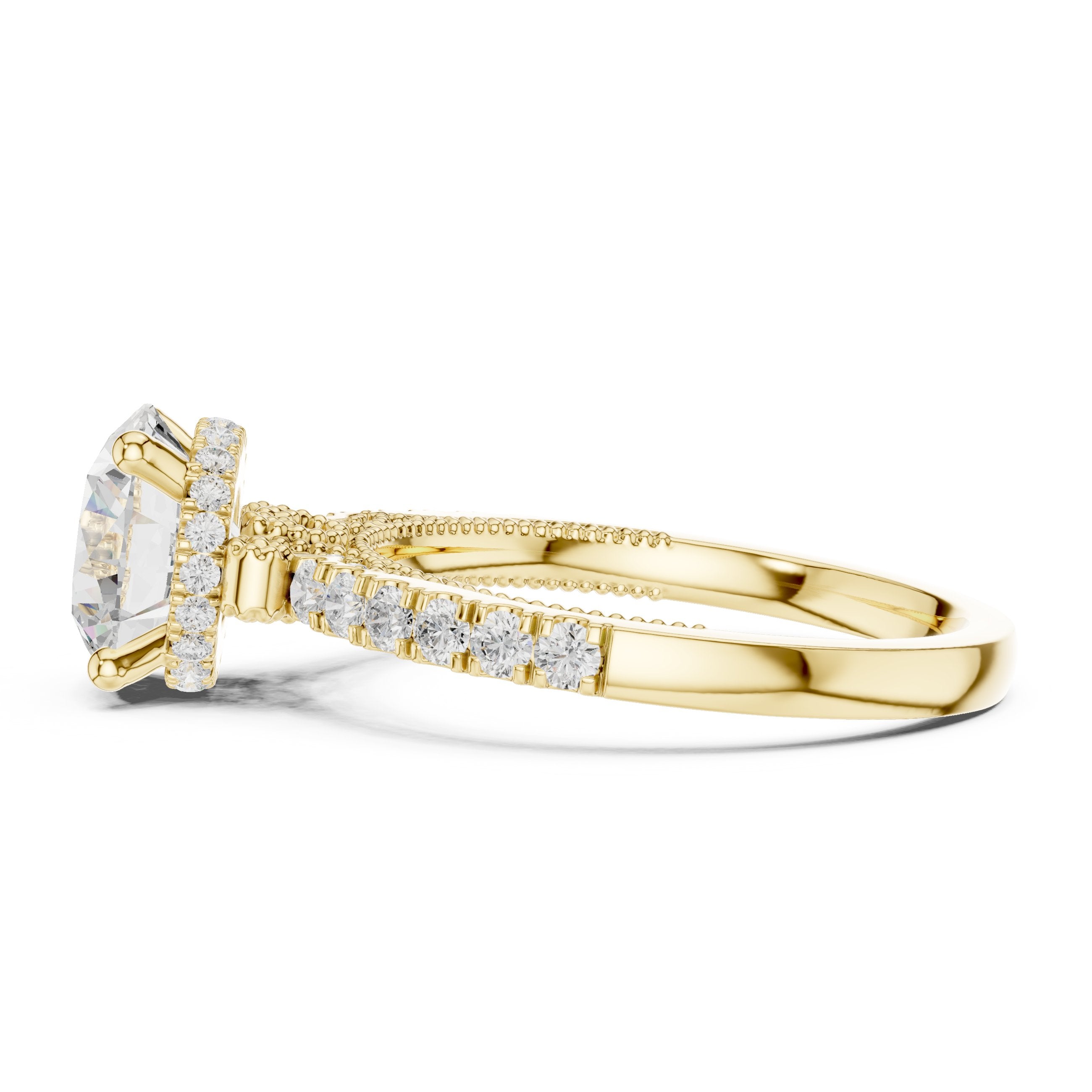 Round Diamond Cathedral Engagement Ring with Double Row Pavé Band in Yellow Gold - VYKA Diamonds