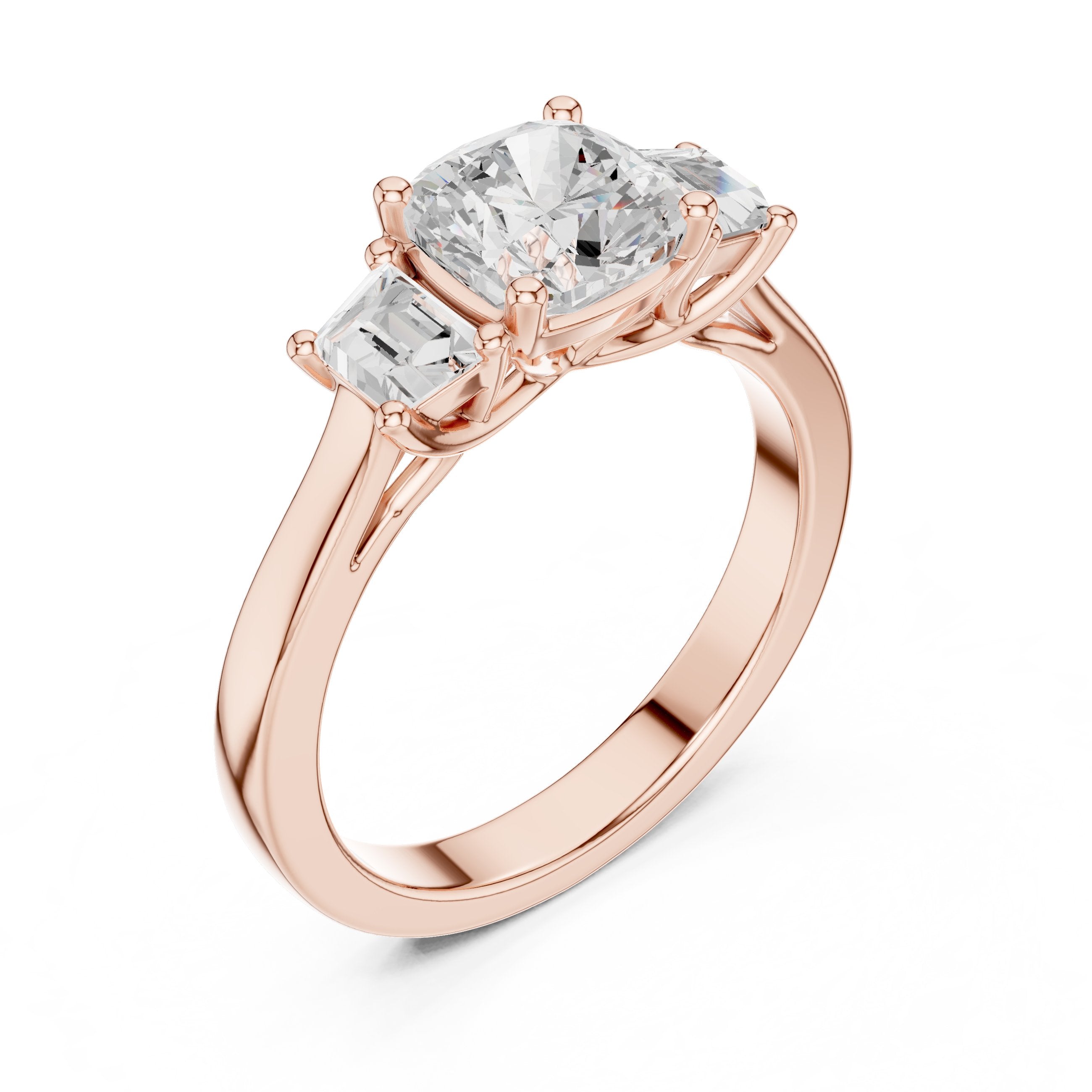 Cushion Cut Three Stone Engagement Ring with Tapered Baguette Sides in Rose Gold - VYKA Diamonds