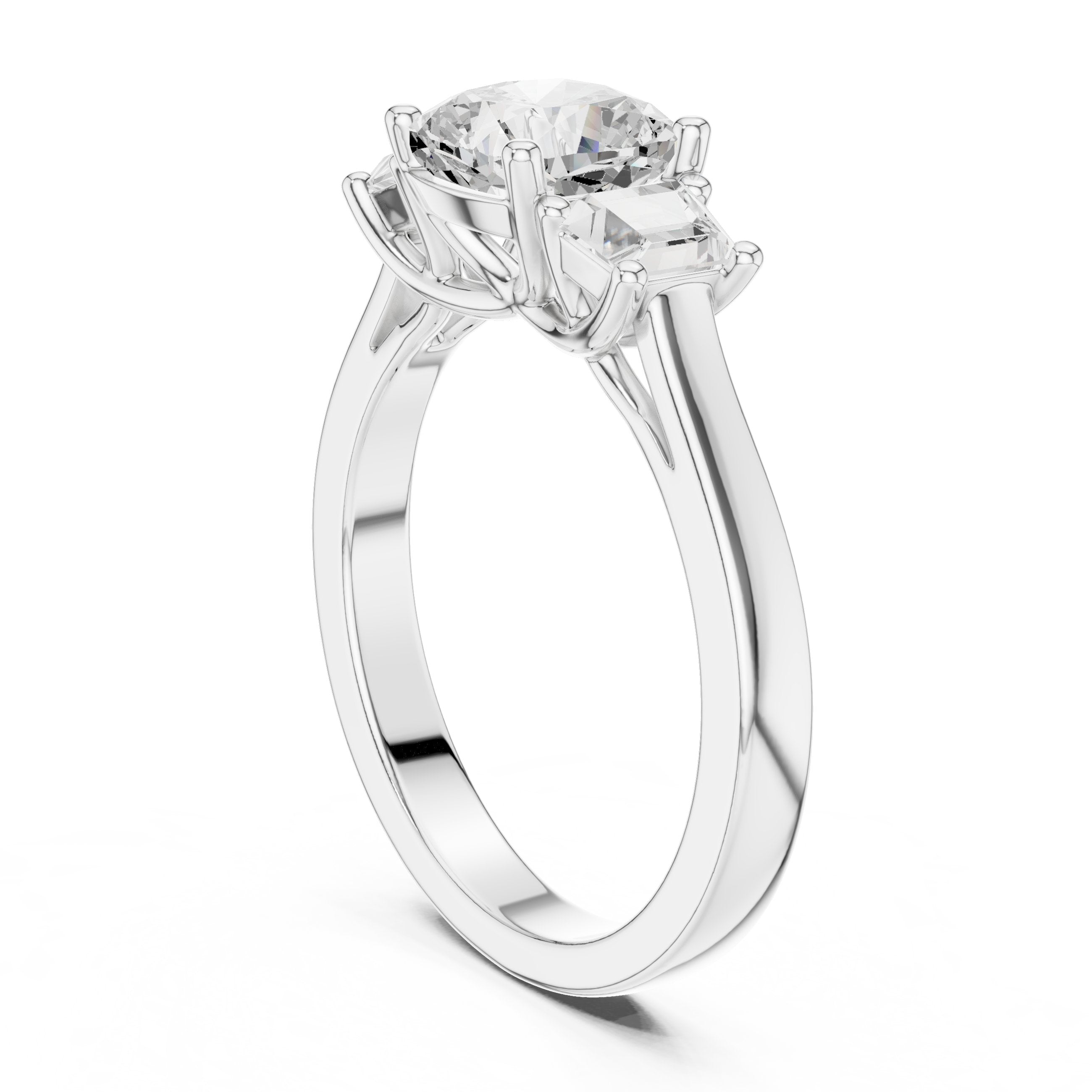 Cushion Cut Three Stone Engagement Ring with Tapered Baguette Sides in White Gold - VYKA Diamonds