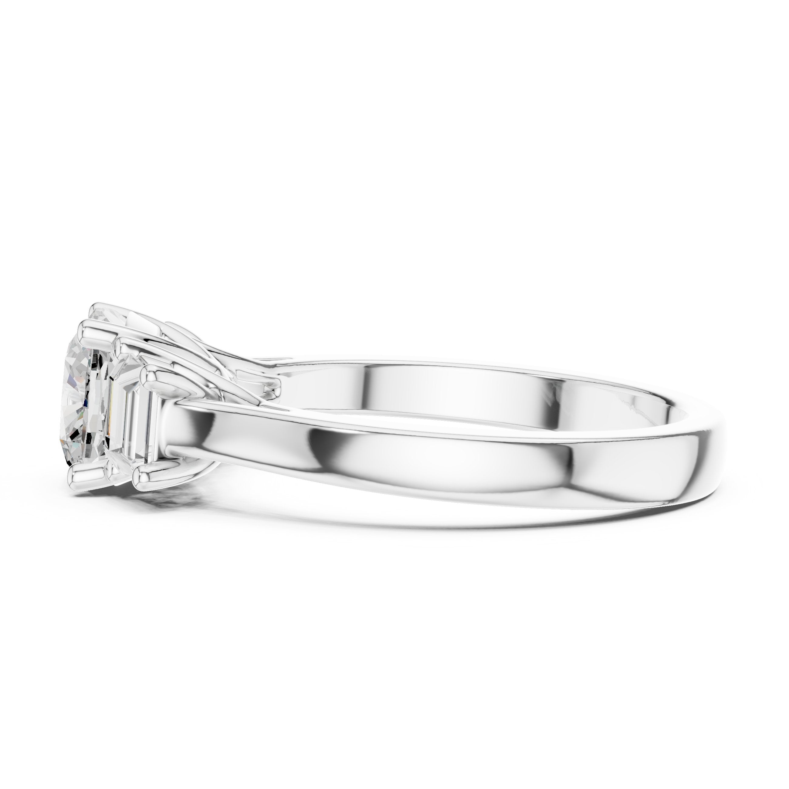 Cushion Cut Three Stone Engagement Ring with Tapered Baguette Sides in White Gold - VYKA Diamonds