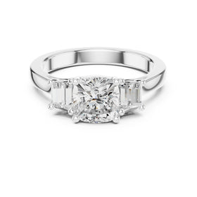 Cushion Cut Three Stone Engagement Ring with Tapered Baguette Sides