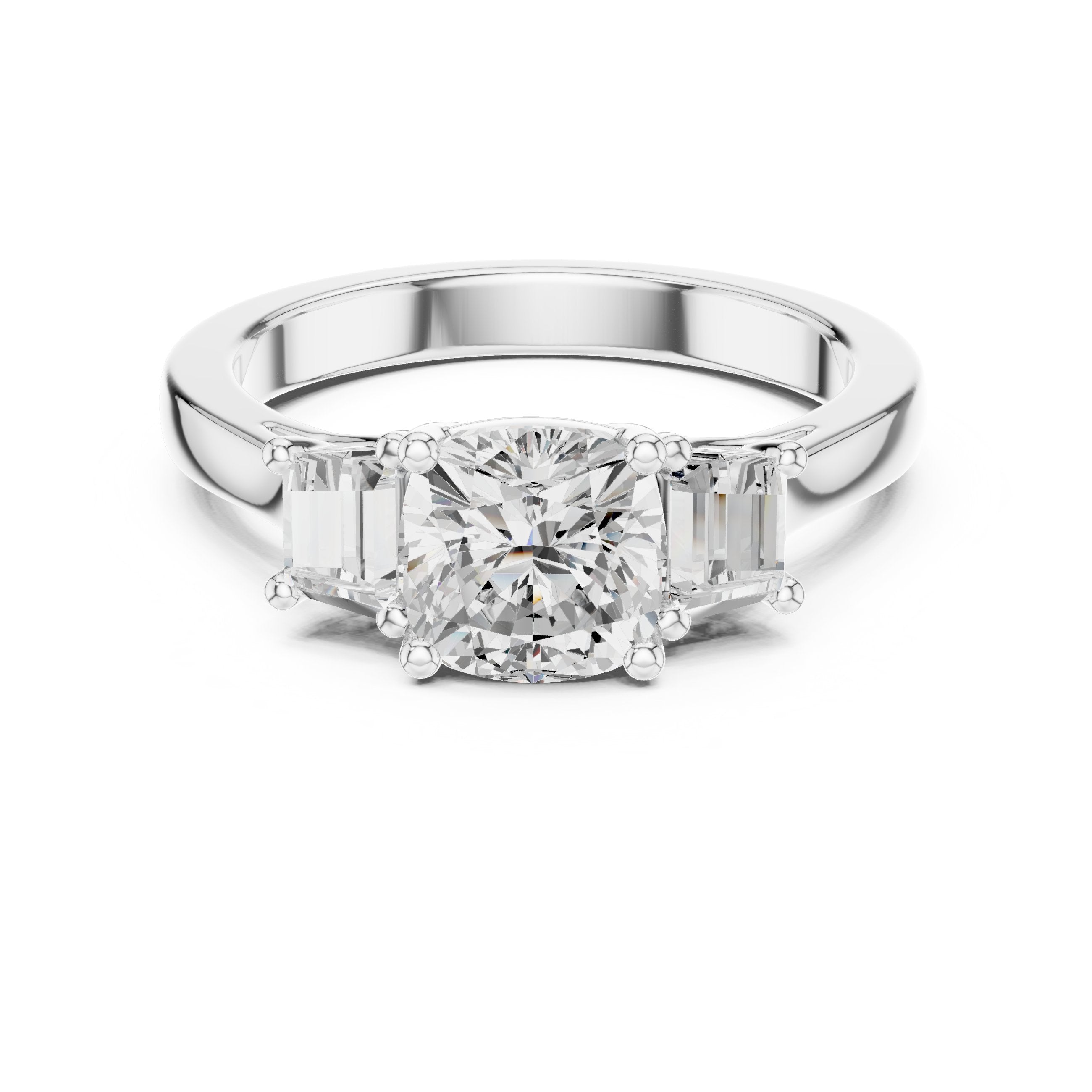 Cushion Cut Three Stone Engagement Ring with Tapered Baguette Sides in White Gold - VYKA Diamonds