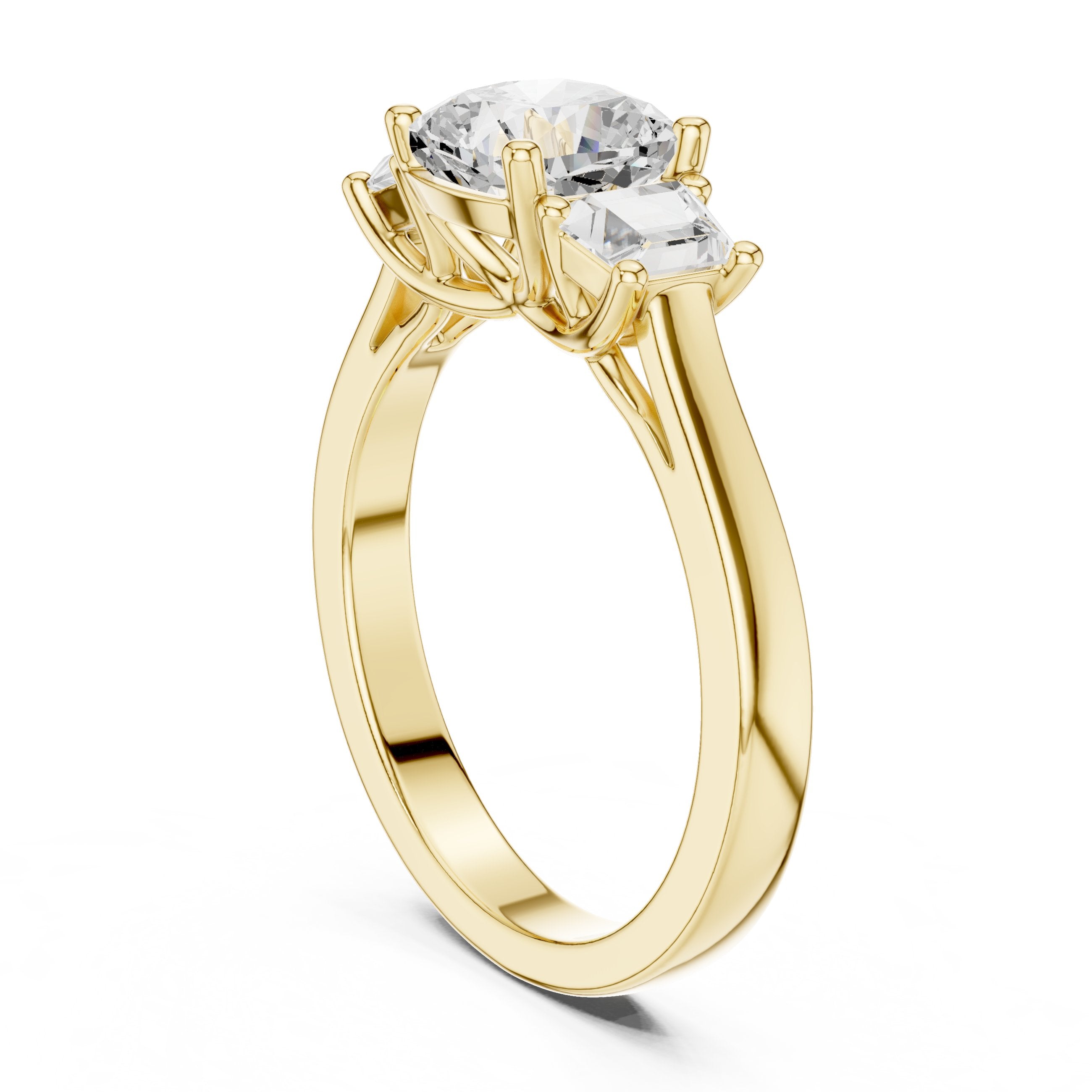 Cushion Cut Three Stone Engagement Ring with Tapered Baguette Sides in Yellow Gold - VYKA Diamonds