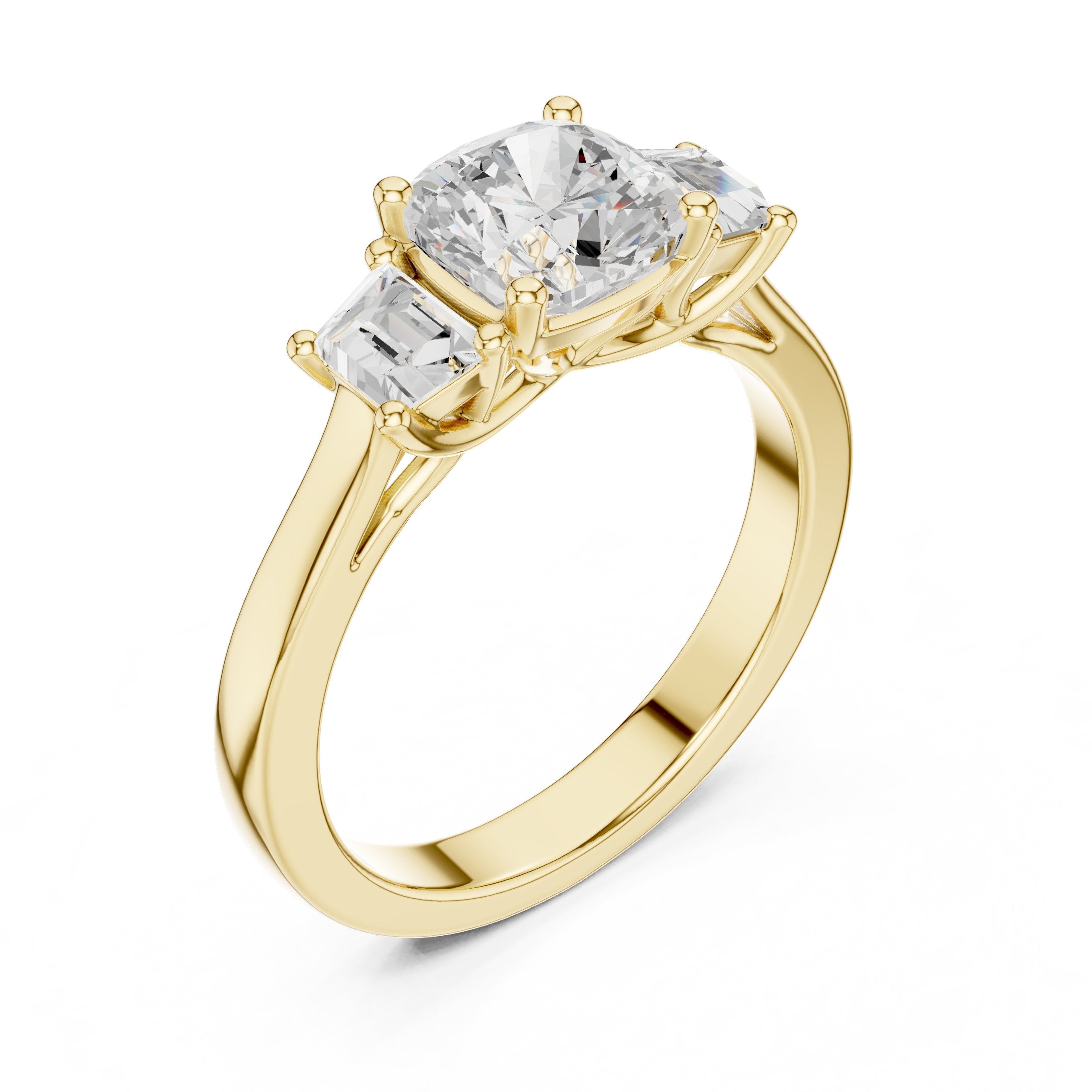 Cushion Cut Three Stone Engagement Ring with Tapered Baguette Sides in Yellow Gold - VYKA Diamonds
