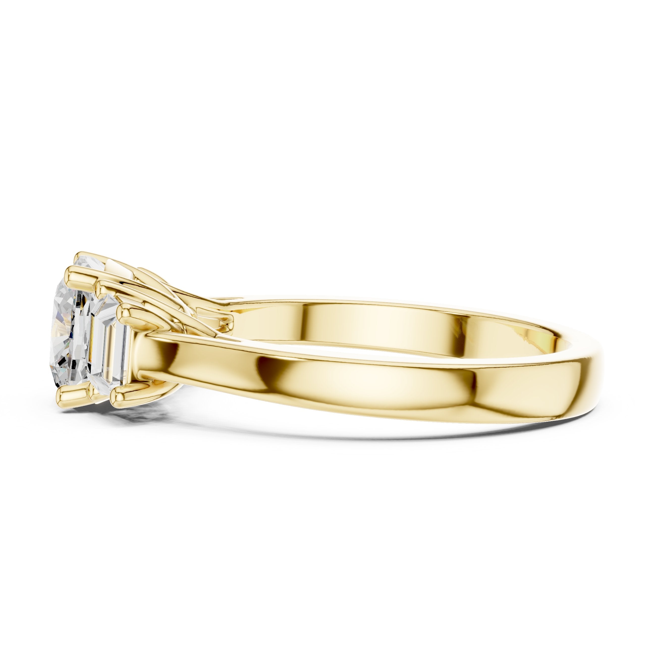 Cushion Cut Three Stone Engagement Ring with Tapered Baguette Sides in Yellow Gold - VYKA Diamonds